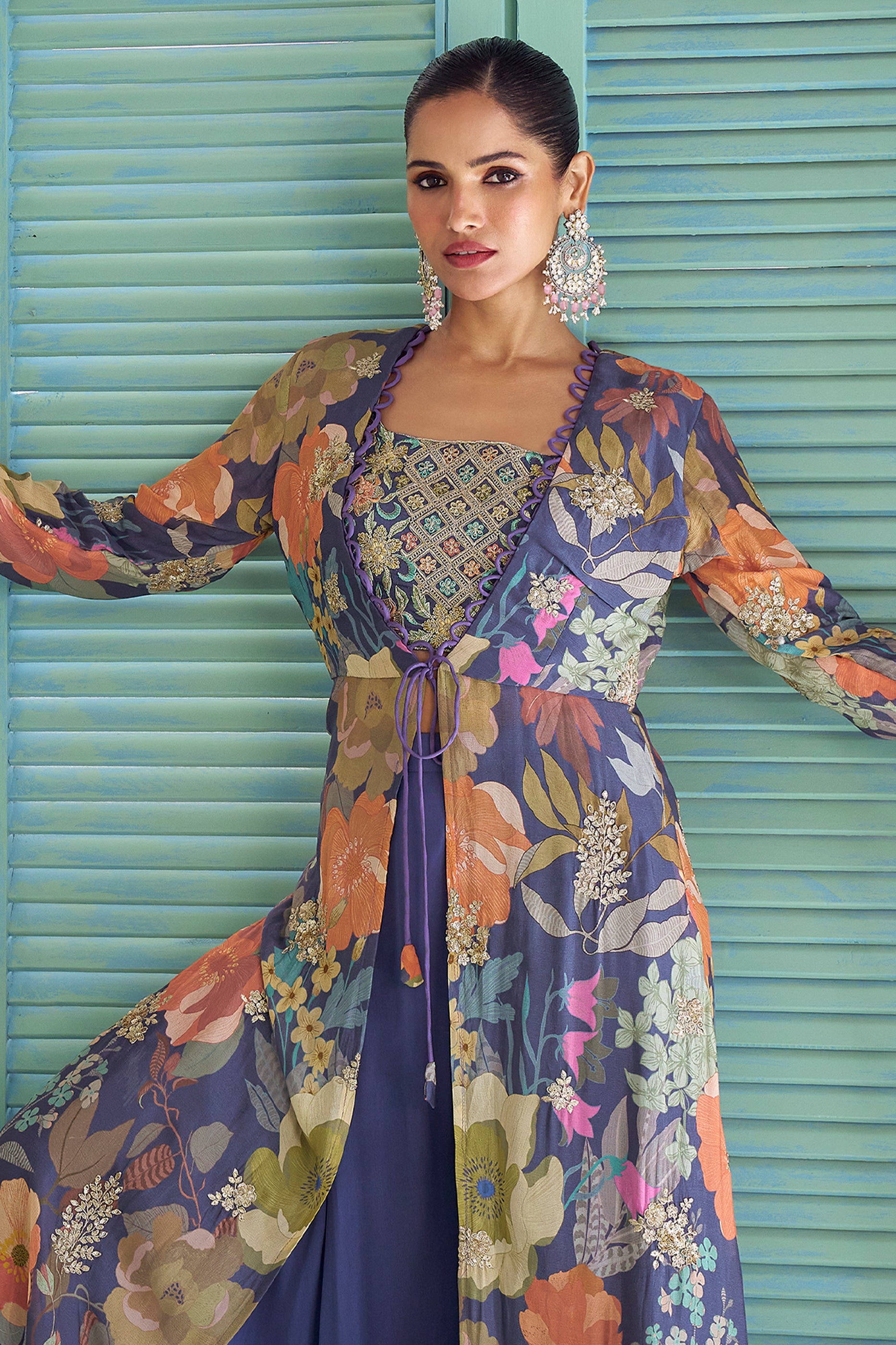 Blue Readymade Embroidered Palazzo Set With Long Shrug-SAR13118_4_SareeButa.com