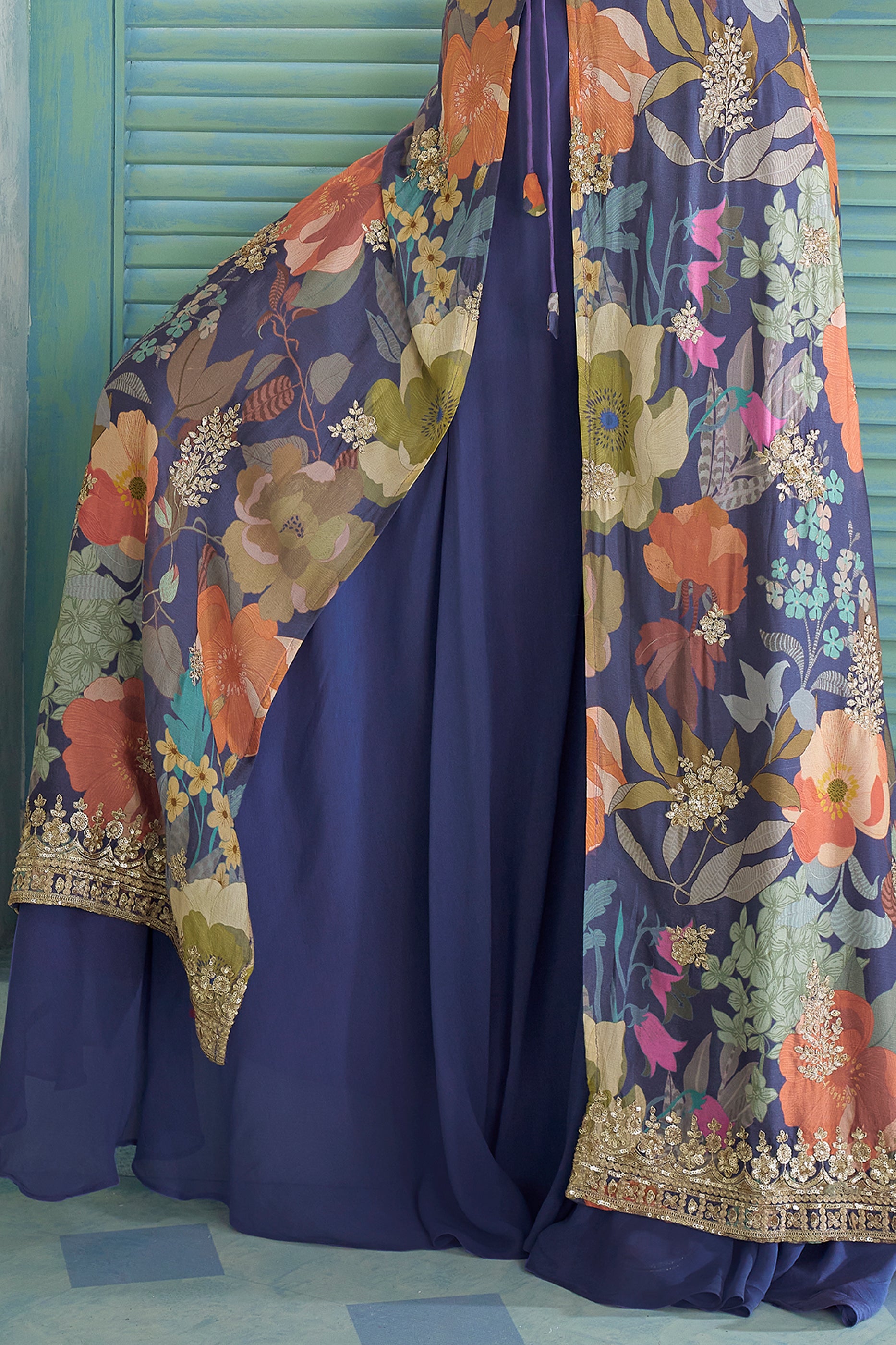 Blue Readymade Embroidered Palazzo Set With Long Shrug-SAR13118_5_SareeButa.com