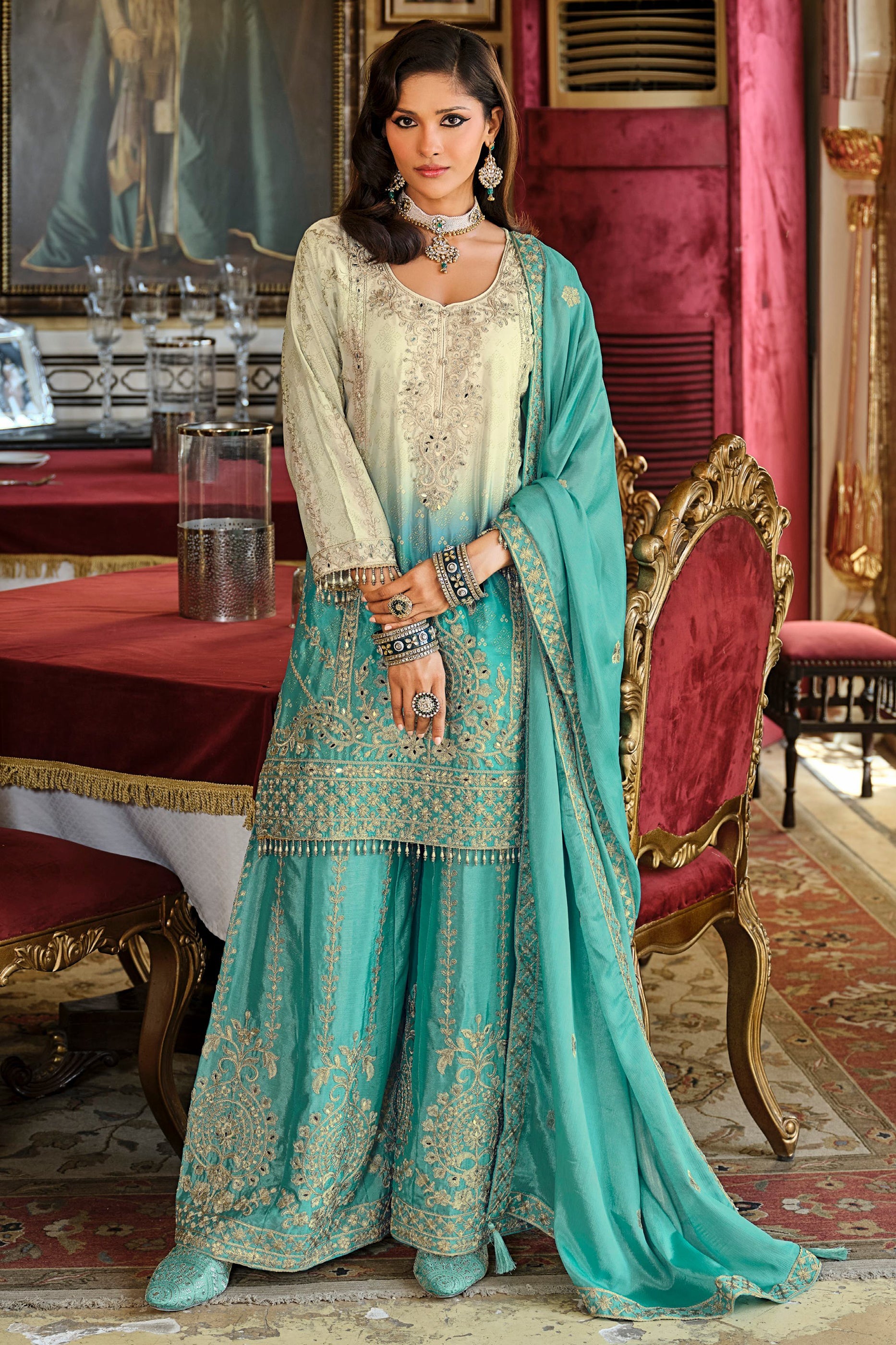 Blue Readymade Embroidered Palazzo Suit-SAR11679_3_SareeButa.com