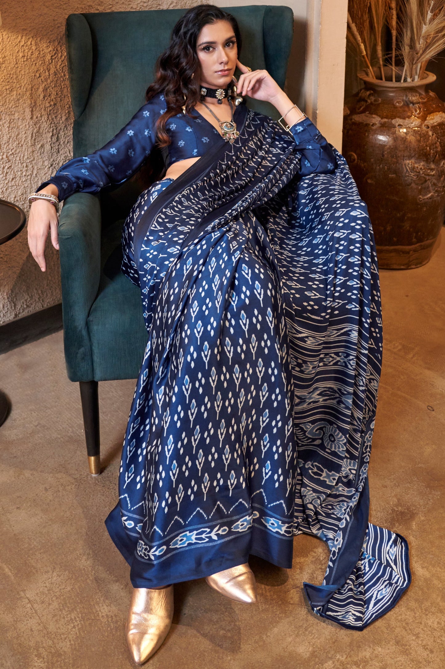 Blue Satin Crepe Patola Print Saree-ZB133879_3_SareeButa.com