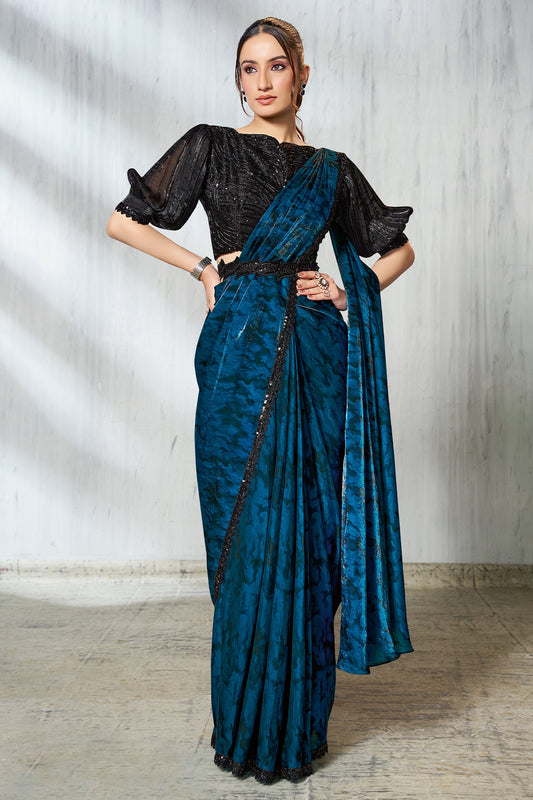Blue Satin Silk Readymade Saree-SAR11137_1_SareeButa.com