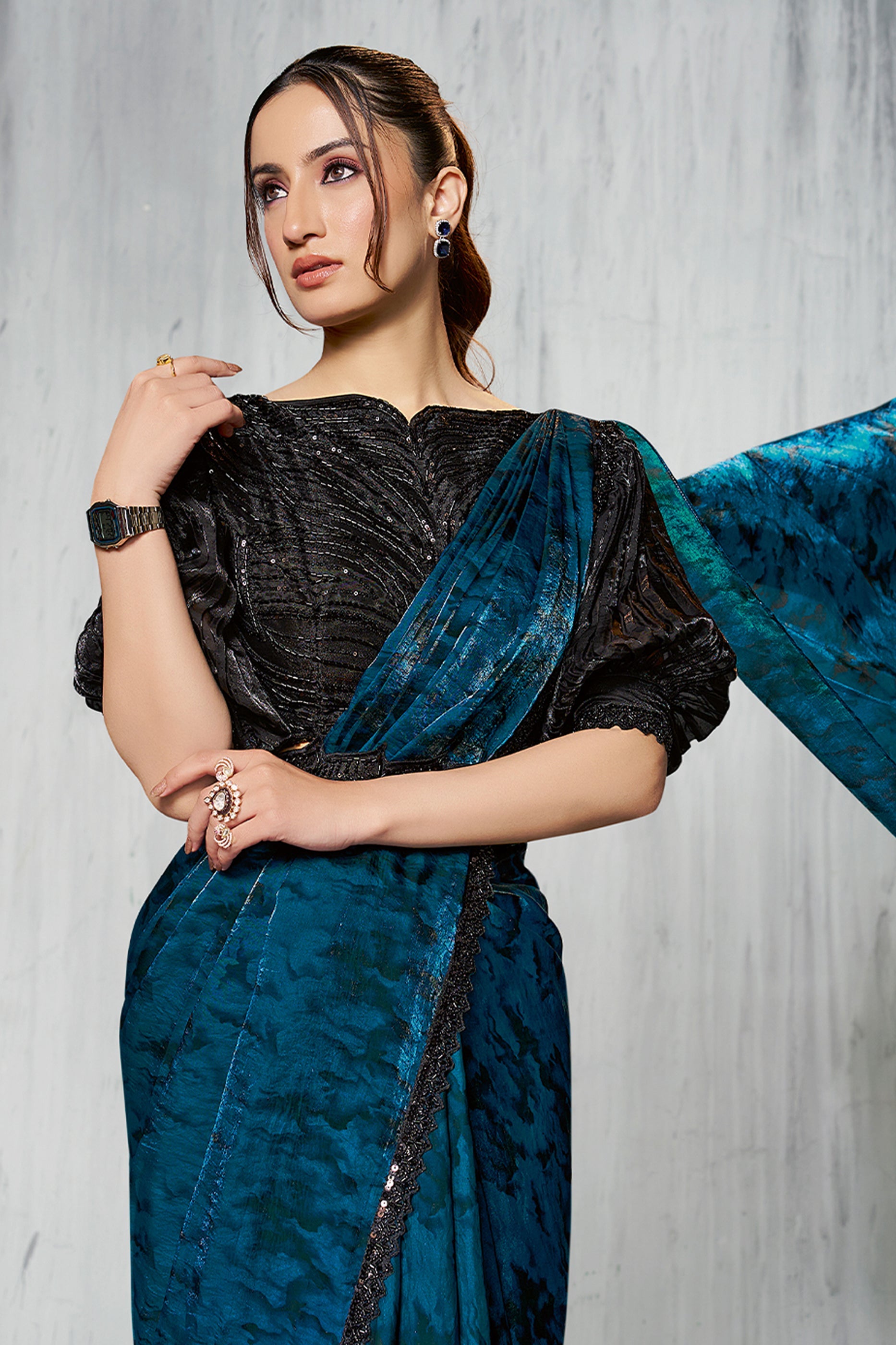 Blue Satin Silk Readymade Saree-SAR11137_2_SareeButa.com