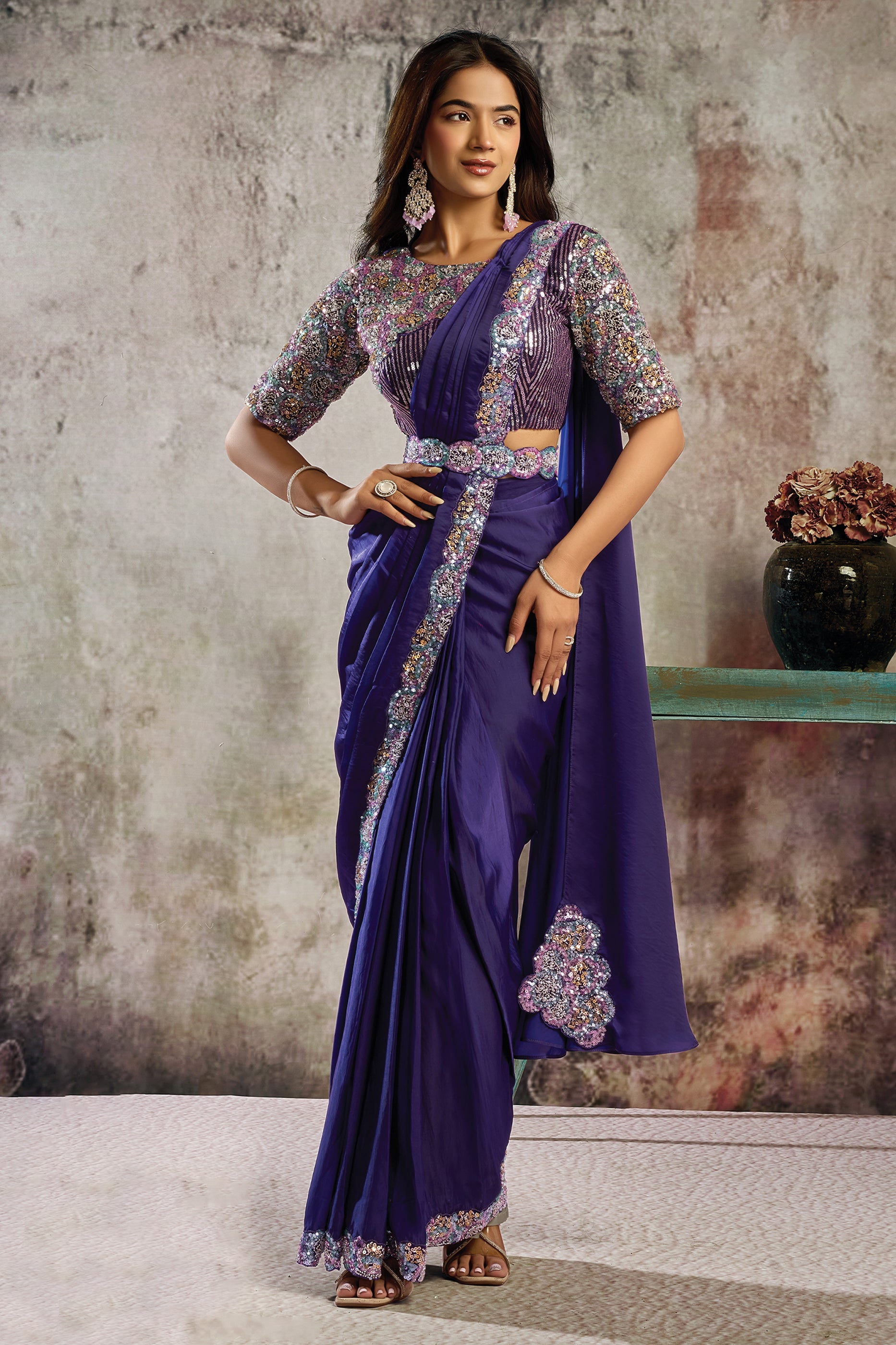 Blue Satin Silk Readymade Saree with Stitched Blouse-SAR12102_1_SareeButa.com