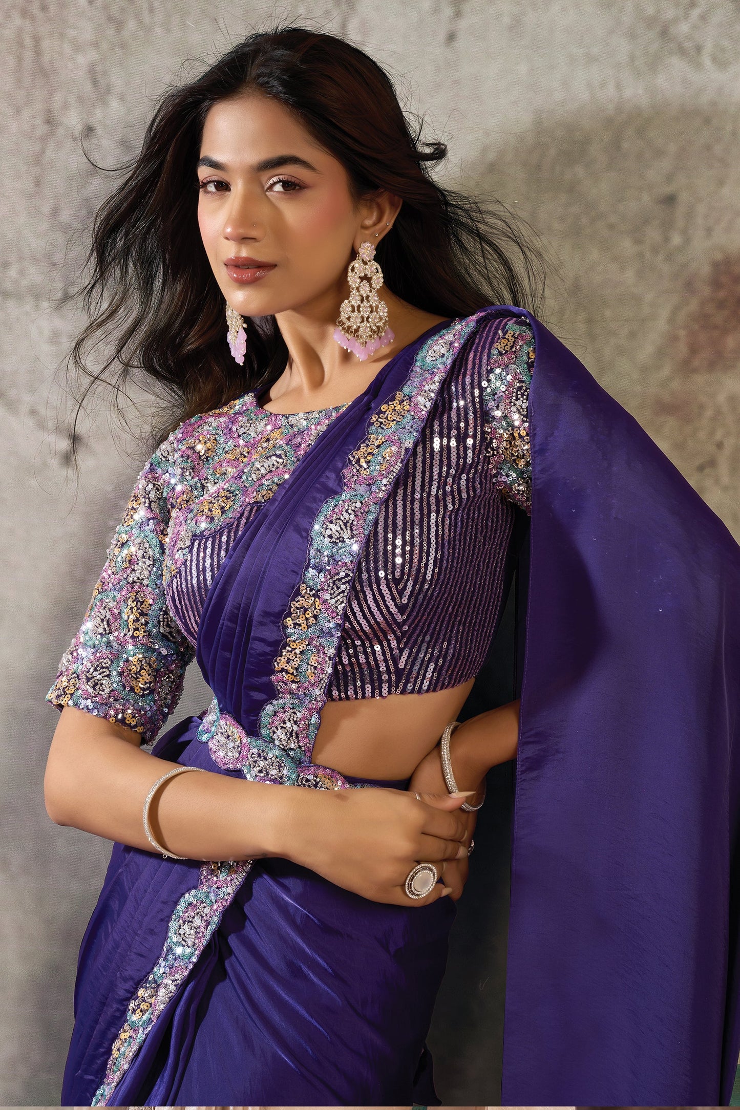 Blue Satin Silk Readymade Saree with Stitched Blouse-SAR12102_2_SareeButa.com