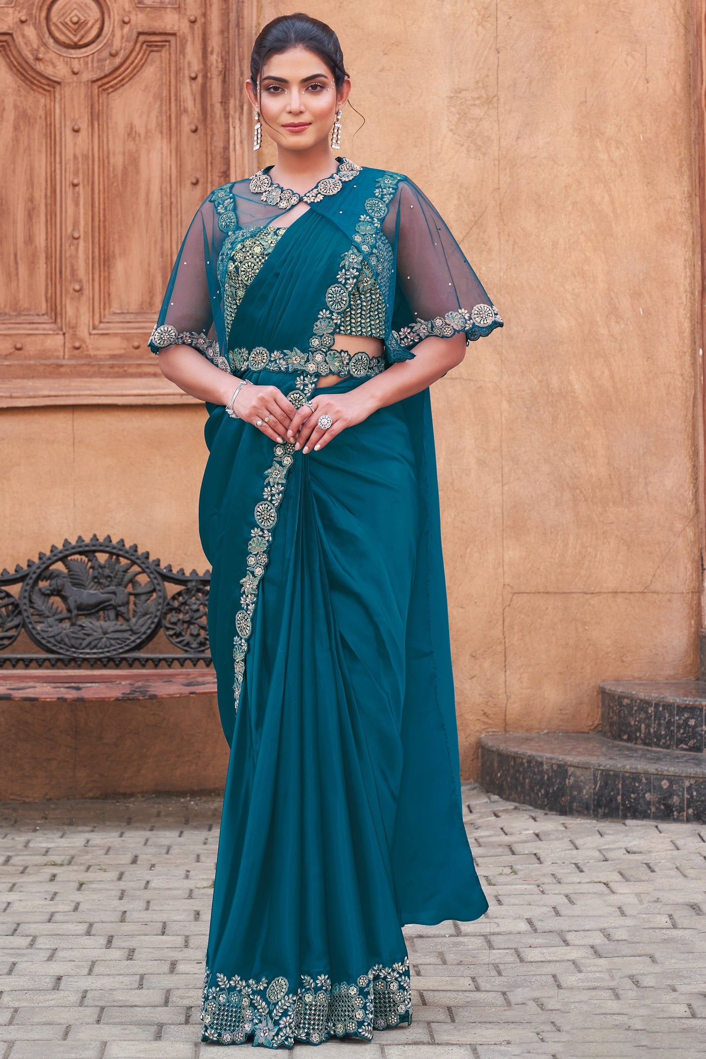 Blue Satin Silk Readymade Saree with Stitched Blouse-ZB134302_1_SareeButa.com