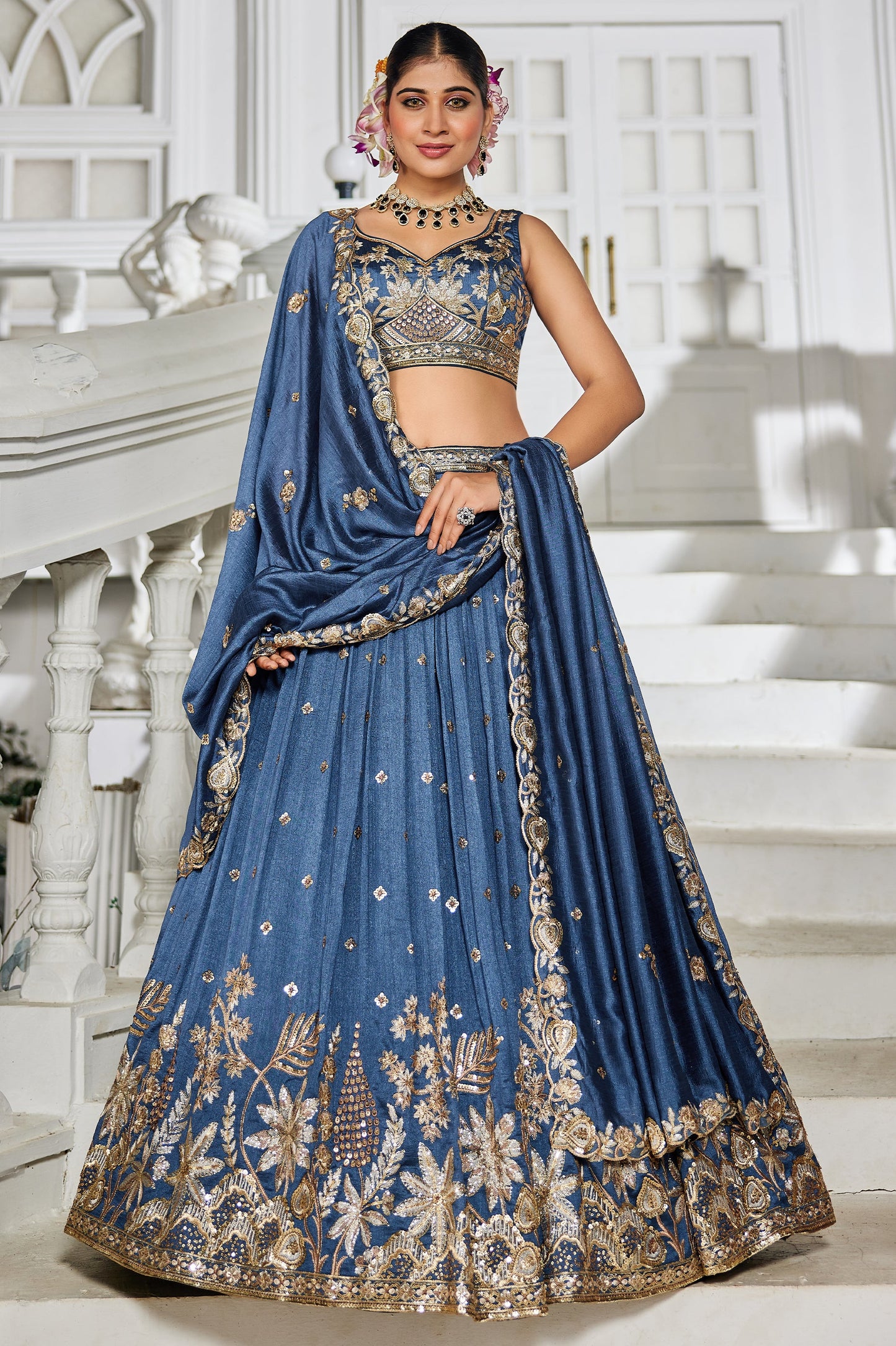 Blue Readymade Embroidered Georgette Lehenga-SAR10074_1_SareeButa.com