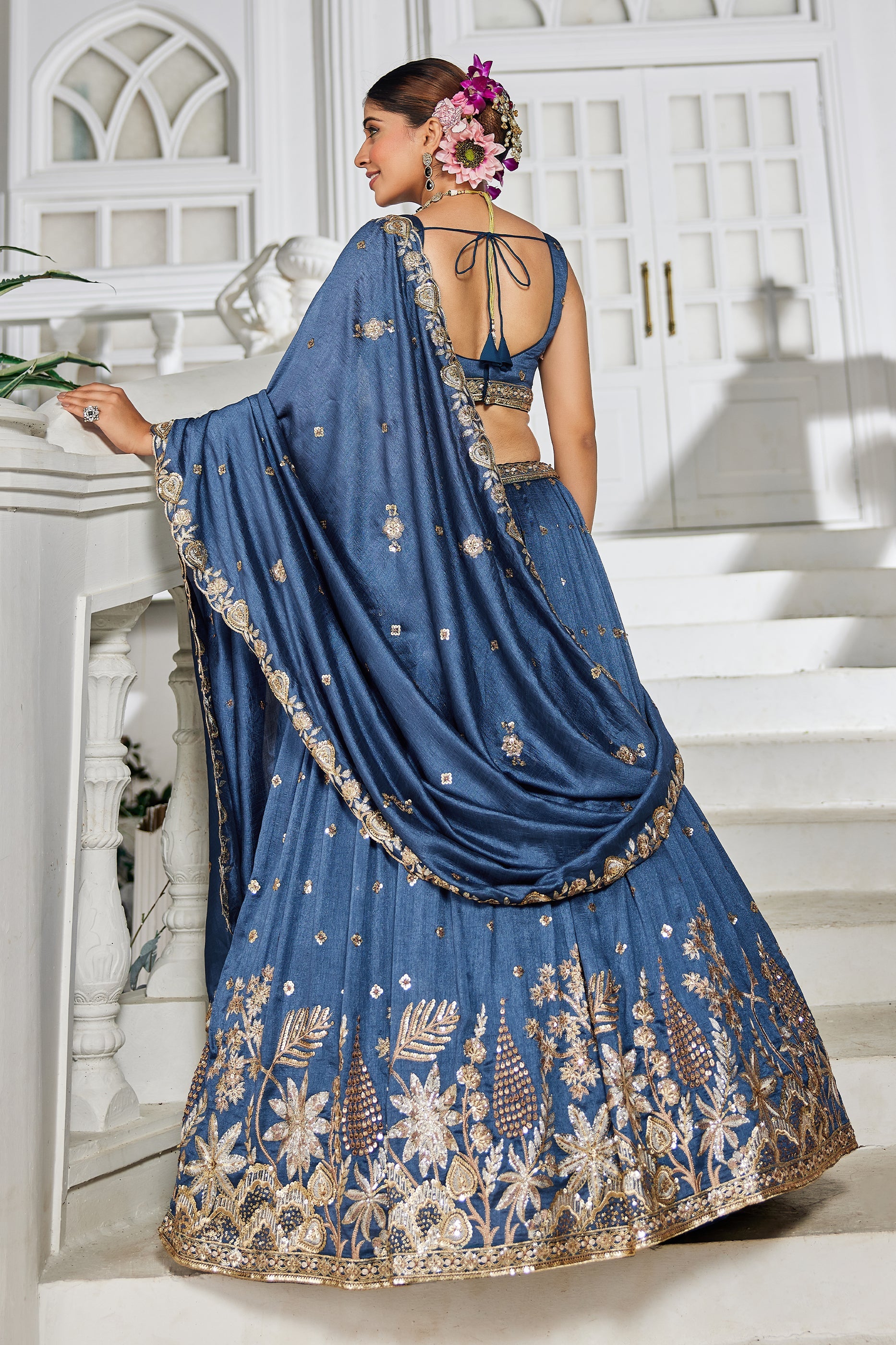 Blue Readymade Embroidered Georgette Lehenga-SAR10074_3_SareeButa.com
