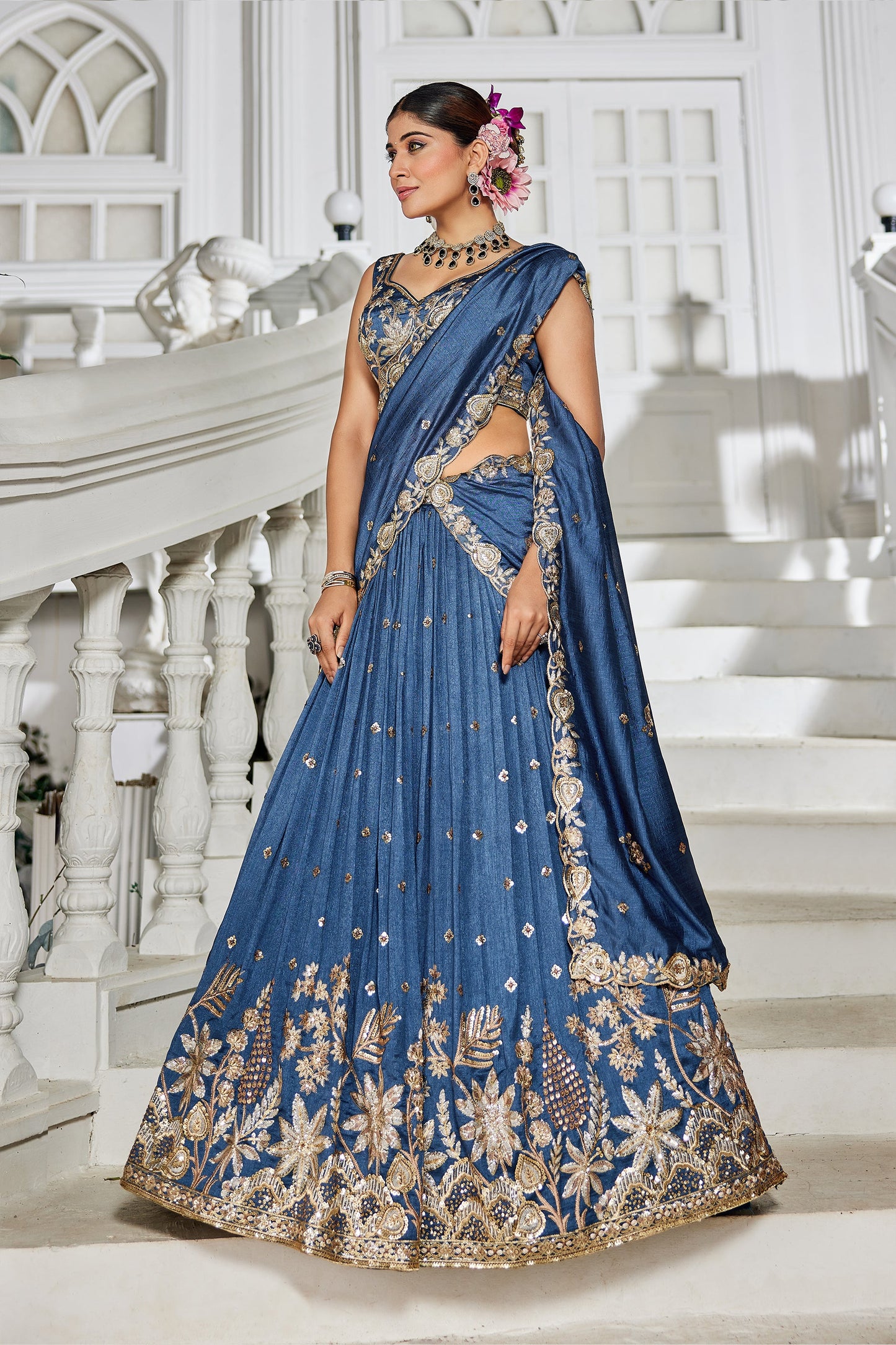 Blue Readymade Embroidered Georgette Lehenga-SAR10074_4_SareeButa.com