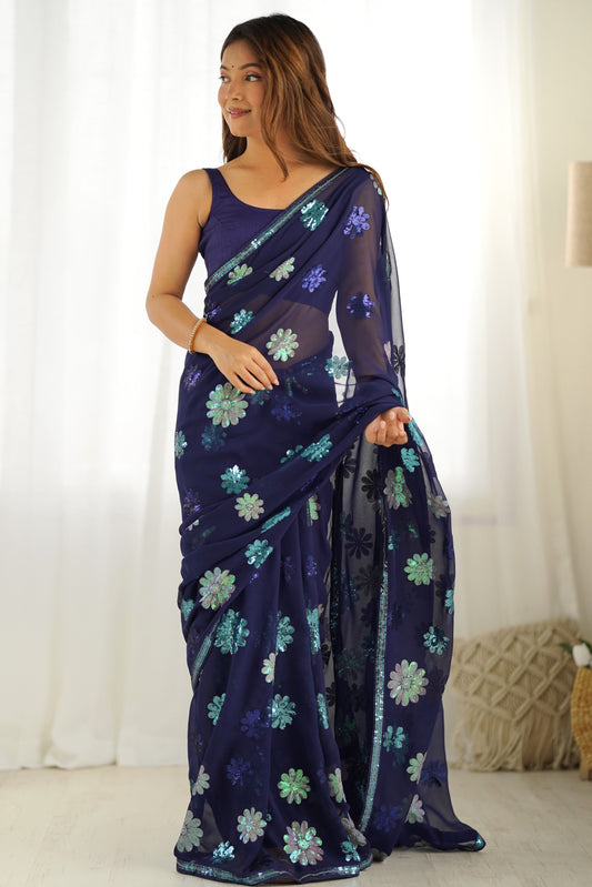 Blue Sequin Work Georgette Saree-ZB132653_1