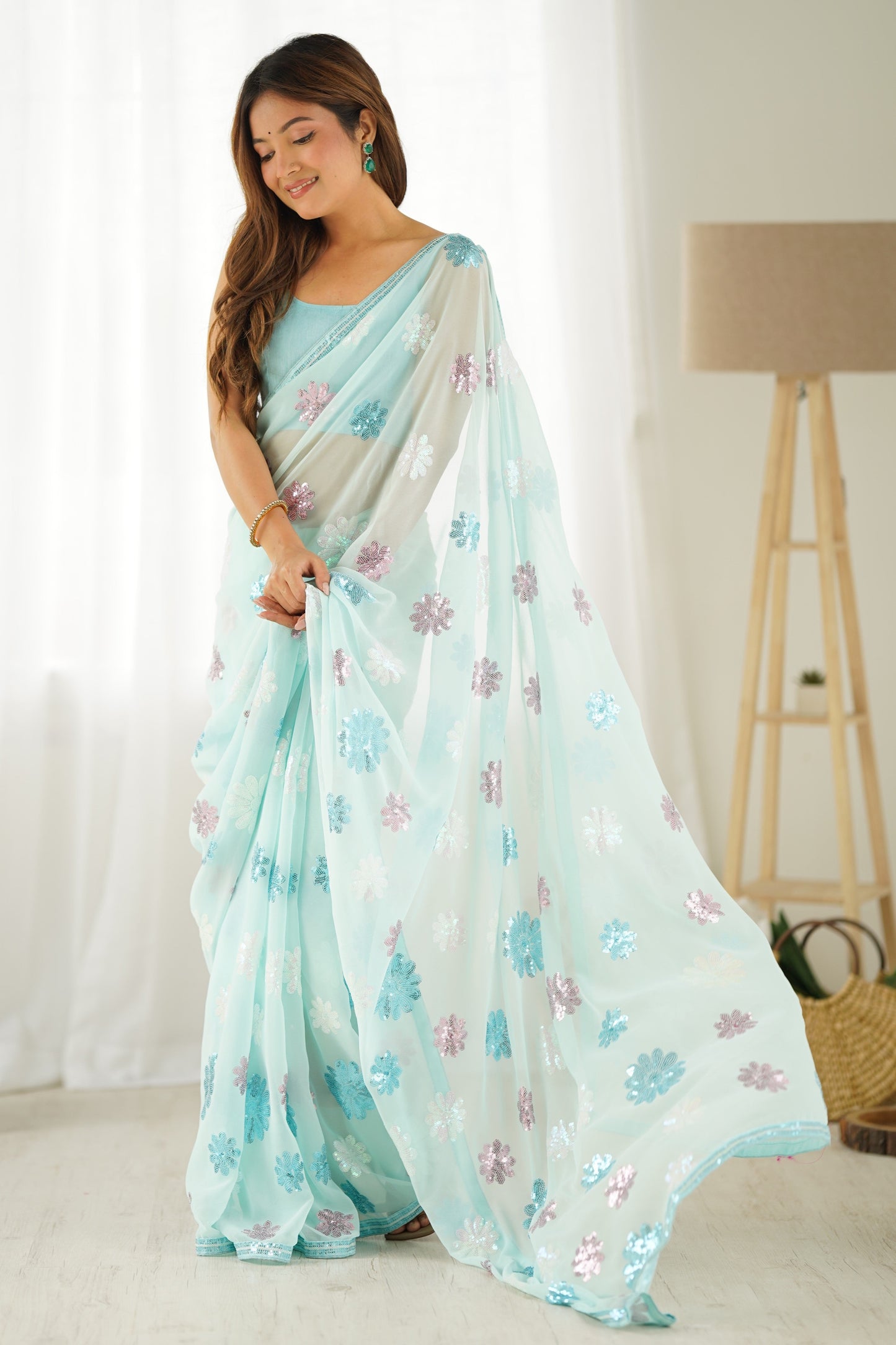 Blue Sequin Work Georgette Saree-ZB132656_1