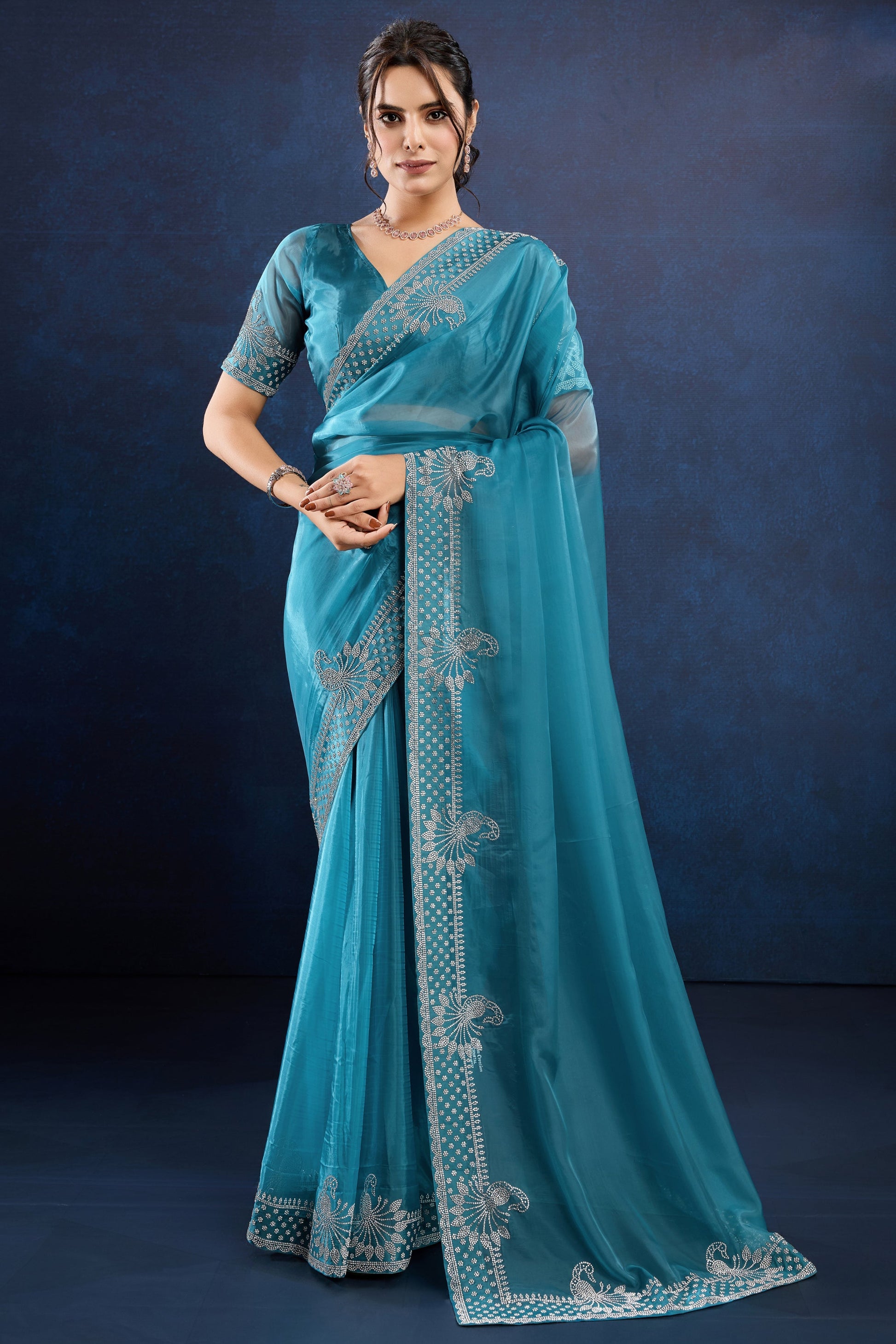 Blue Stone Work Crystal Silk Saree-ZB133893_1_SareeButa.com