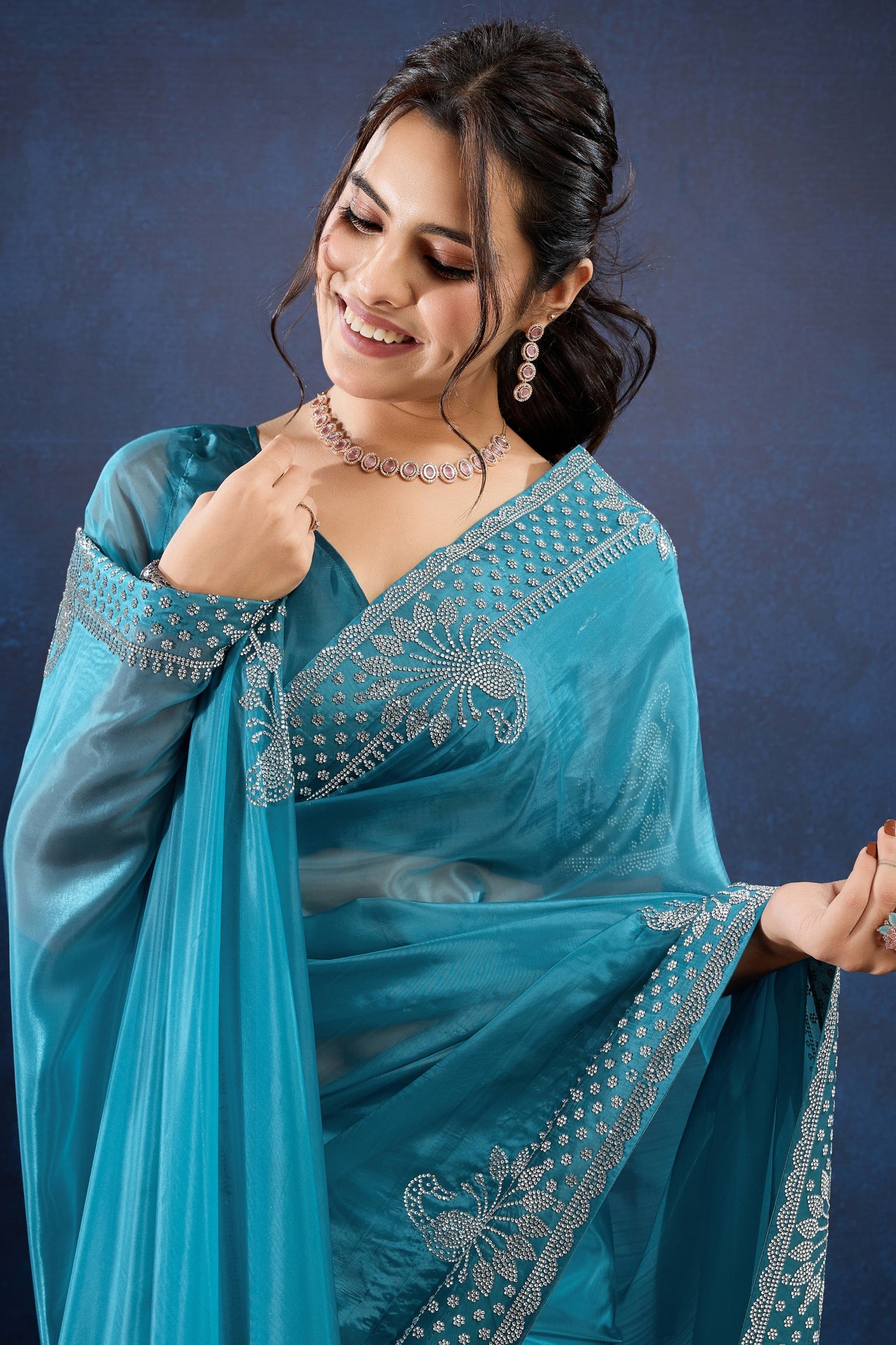 Blue Stone Work Crystal Silk Saree-ZB133893_2_SareeButa.com