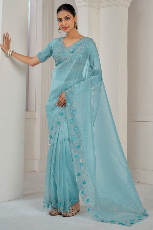 Blue Stone Work Organza Saree