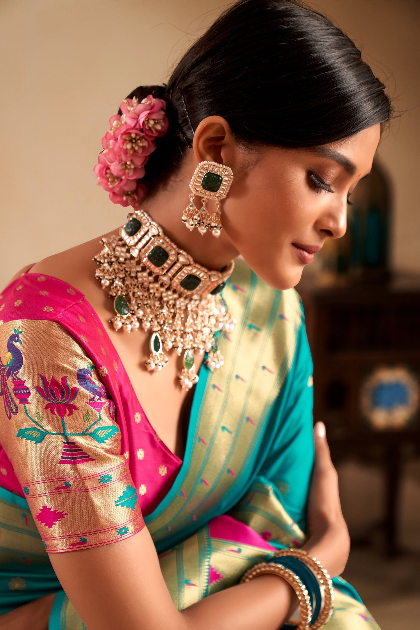 Blue Green Woven Paithani Saree-ZB134710_3_SareeButa.com