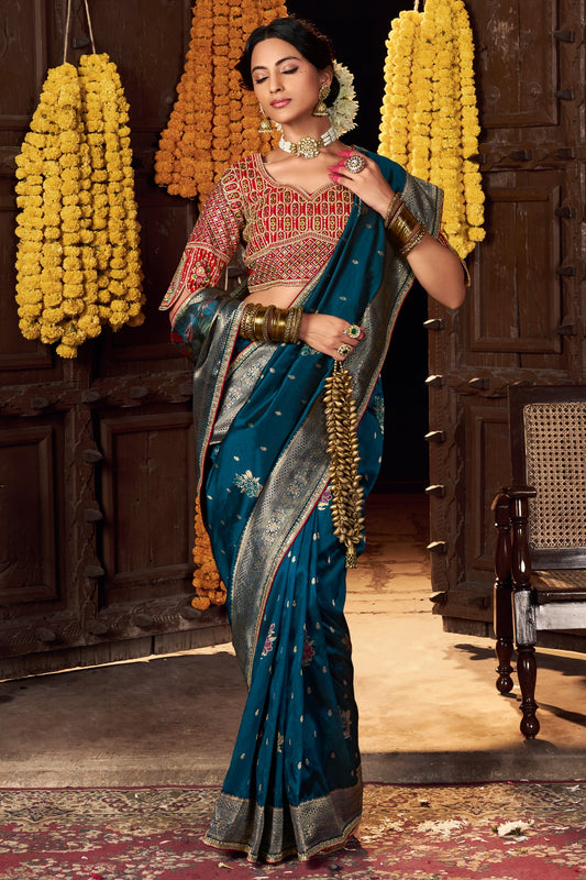 Blue Woven Silk Saree With Lace Border-ZB134637_1_SareeButa.com