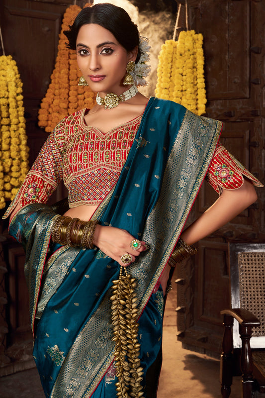 Blue Woven Silk Saree With Lace Border-ZB134637_2_SareeButa.com