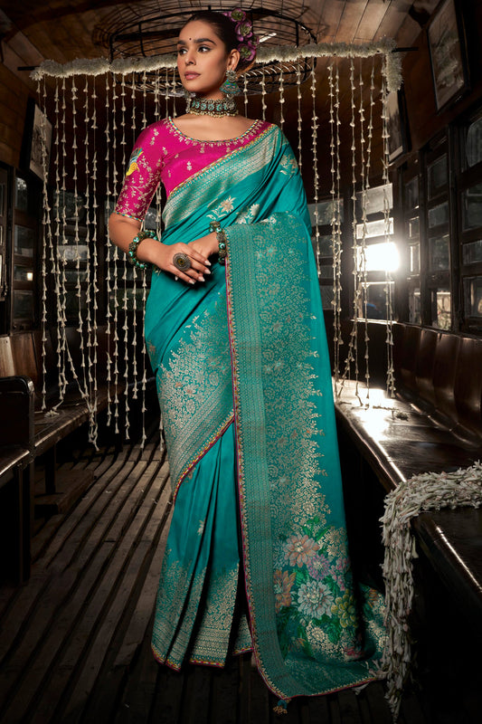 Blue Woven Viscose Silk Saree With Lace Border-ZB134663_1_SareeButa.com