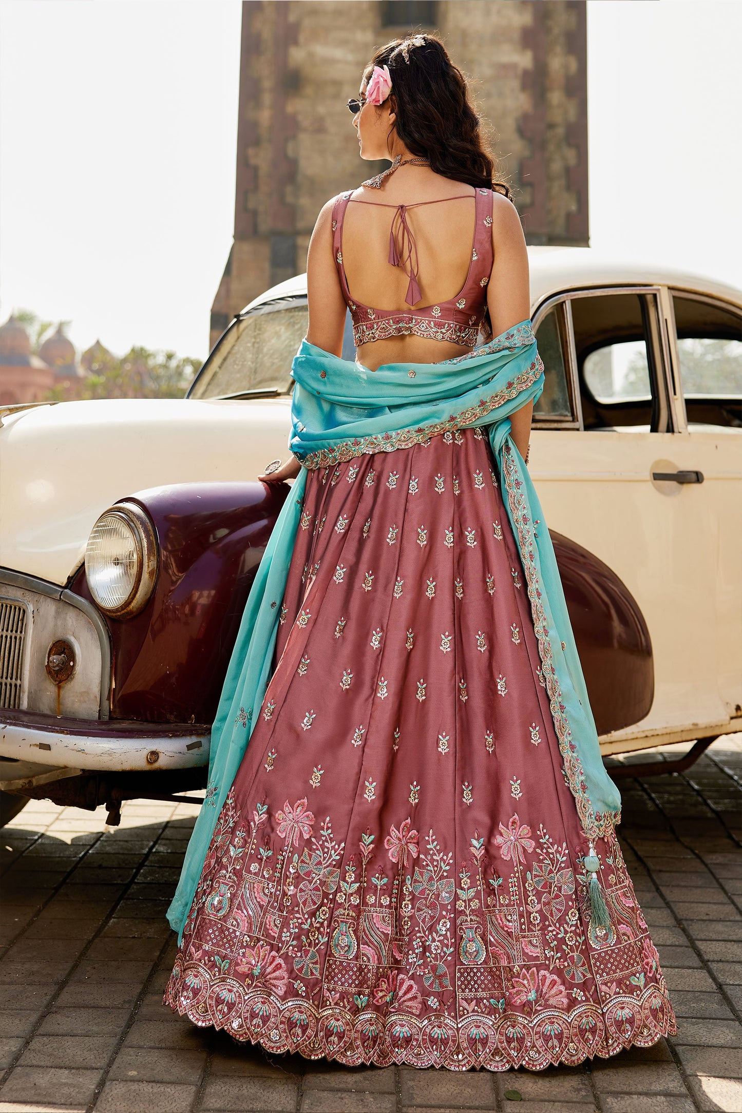 Blush Pink Peach Readymade Embroidered Georgette Lehenga-SAR10049_4_SareeButa.com