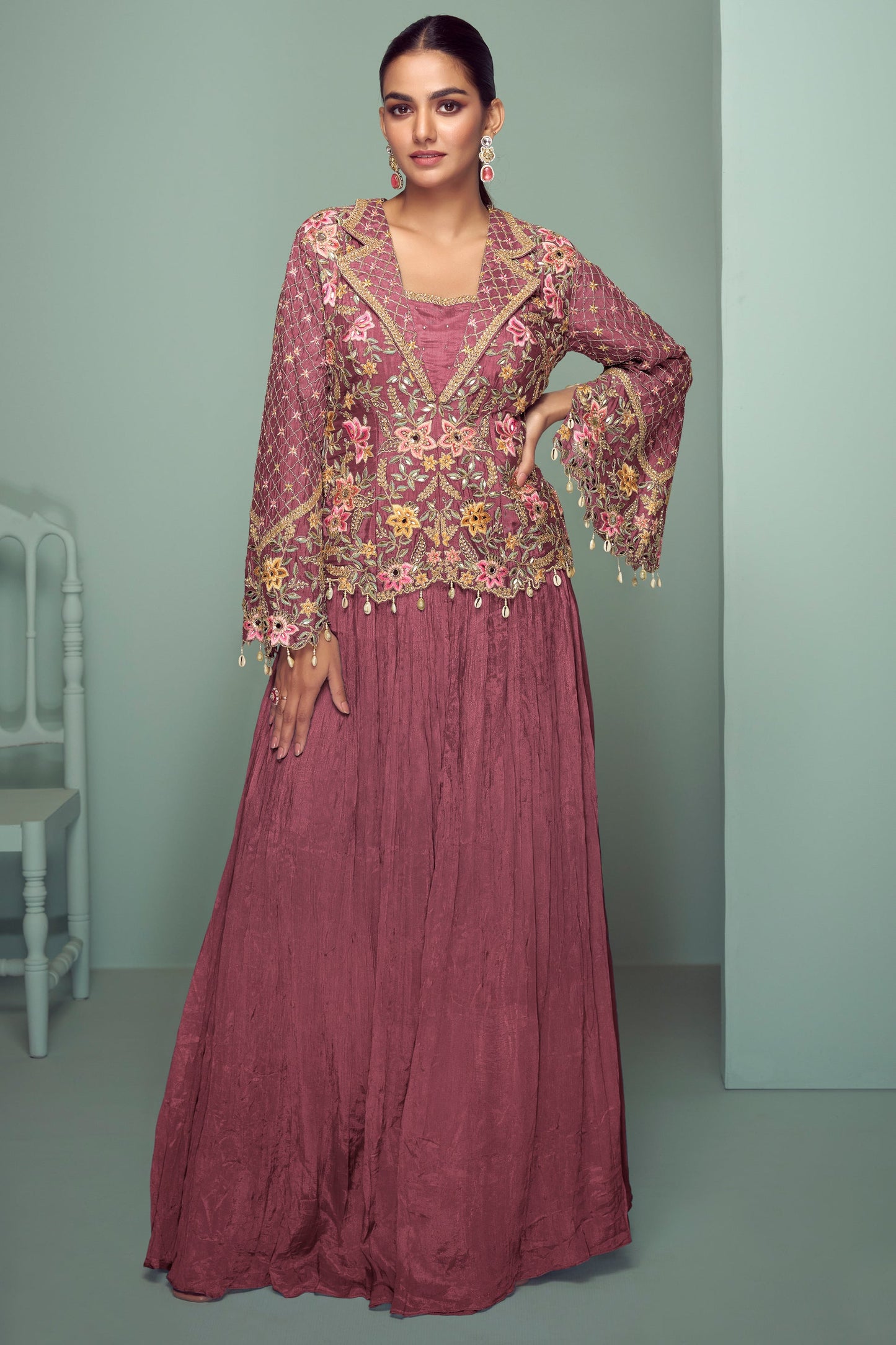 Blush Pink Readymade Chinon Silk Skirt Set-SS767_1_SareeButa.com