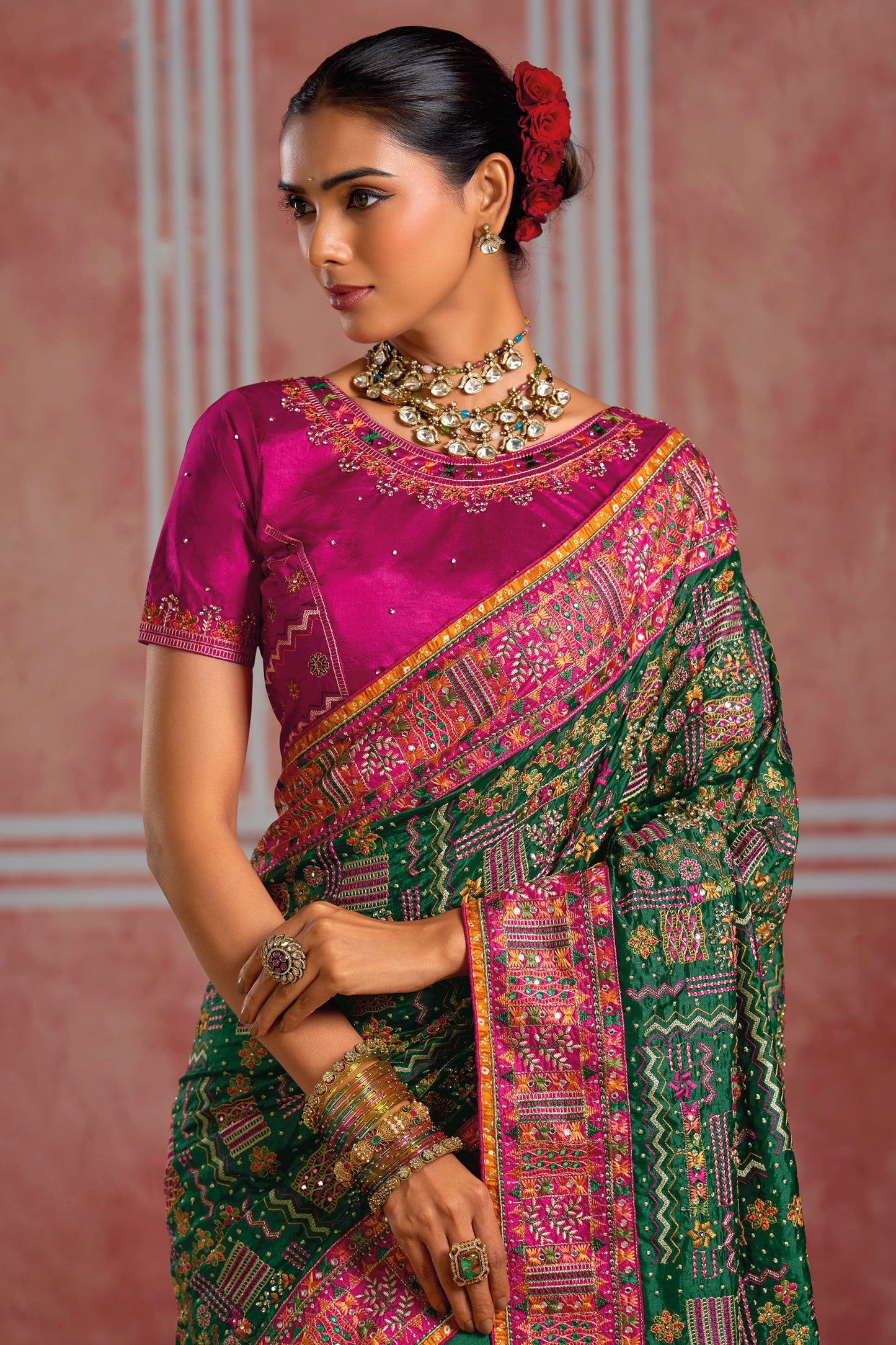 Bottle Green Kutchi Work Silk Saree-SAR13056_2_SareeButa.com
