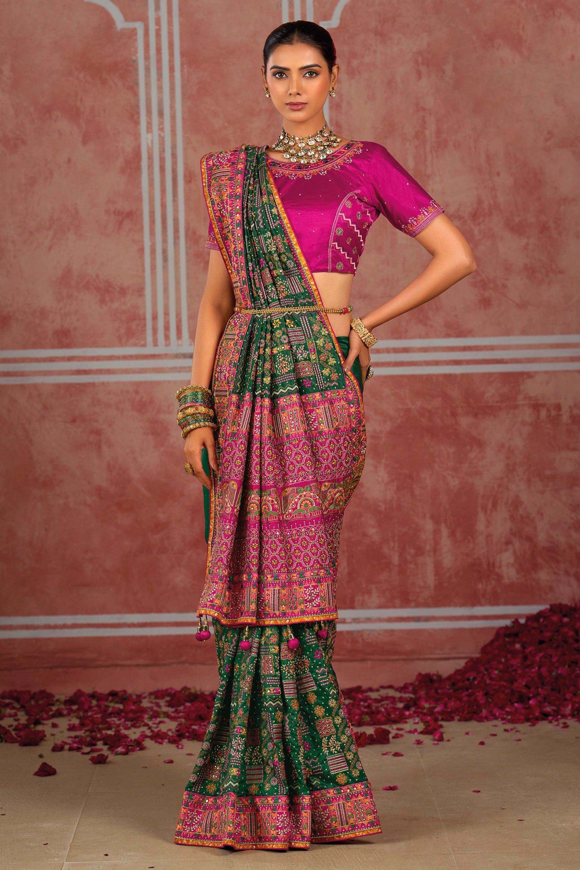 Bottle Green Kutchi Work Silk Saree-SAR13056_3_SareeButa.com