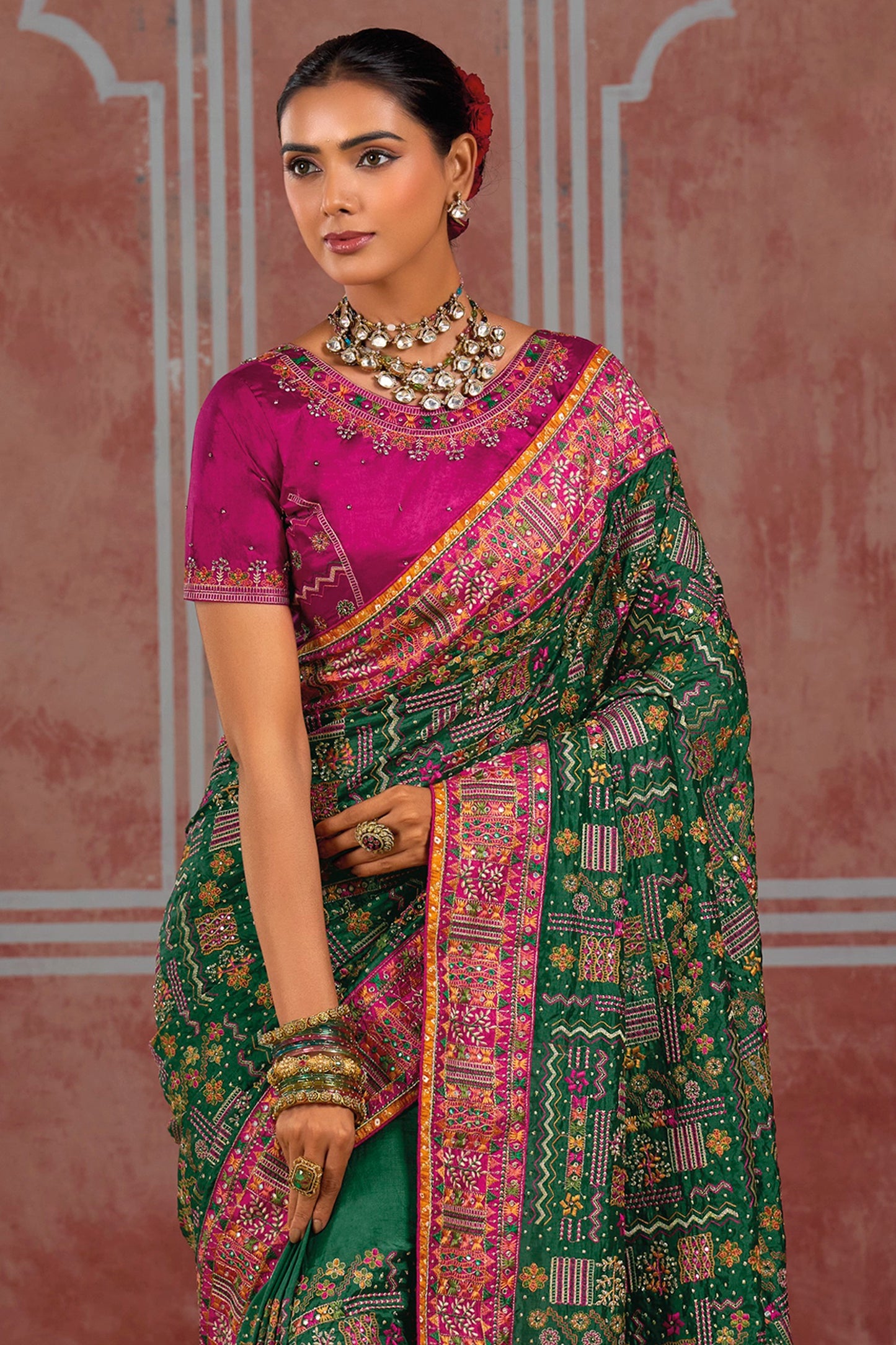 Bottle Green Kutchi Work Silk Saree-SAR13056_4_SareeButa.com