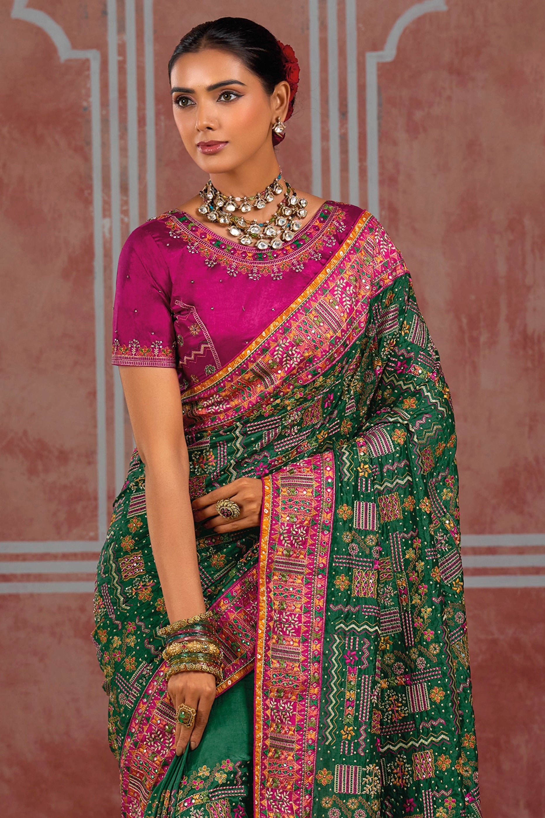 Bottle Green Kutchi Work Silk Saree-SAR13056_4_SareeButa.com