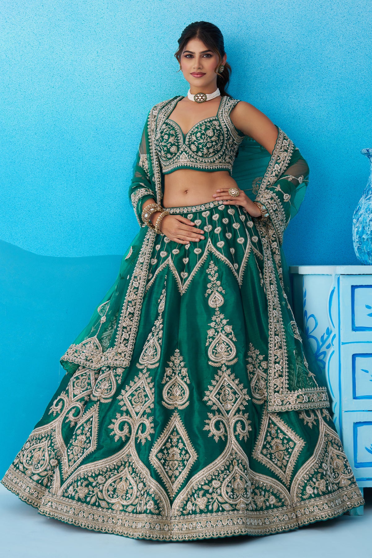 Bottle Green Readymade Embroidered Silk Lehenga-SAR12880_1_SareeButa.com