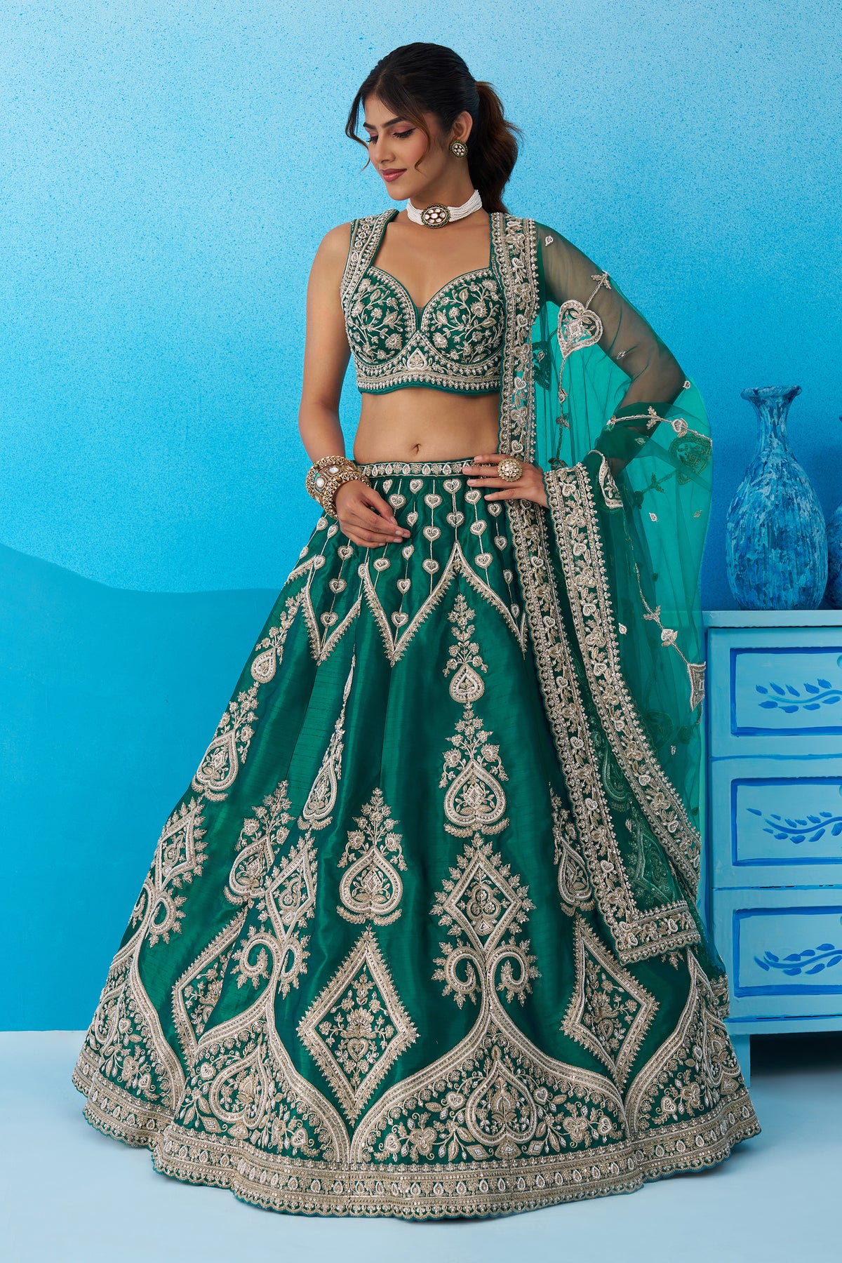 Bottle Green Readymade Embroidered Silk Lehenga-SAR12880_3_SareeButa.com