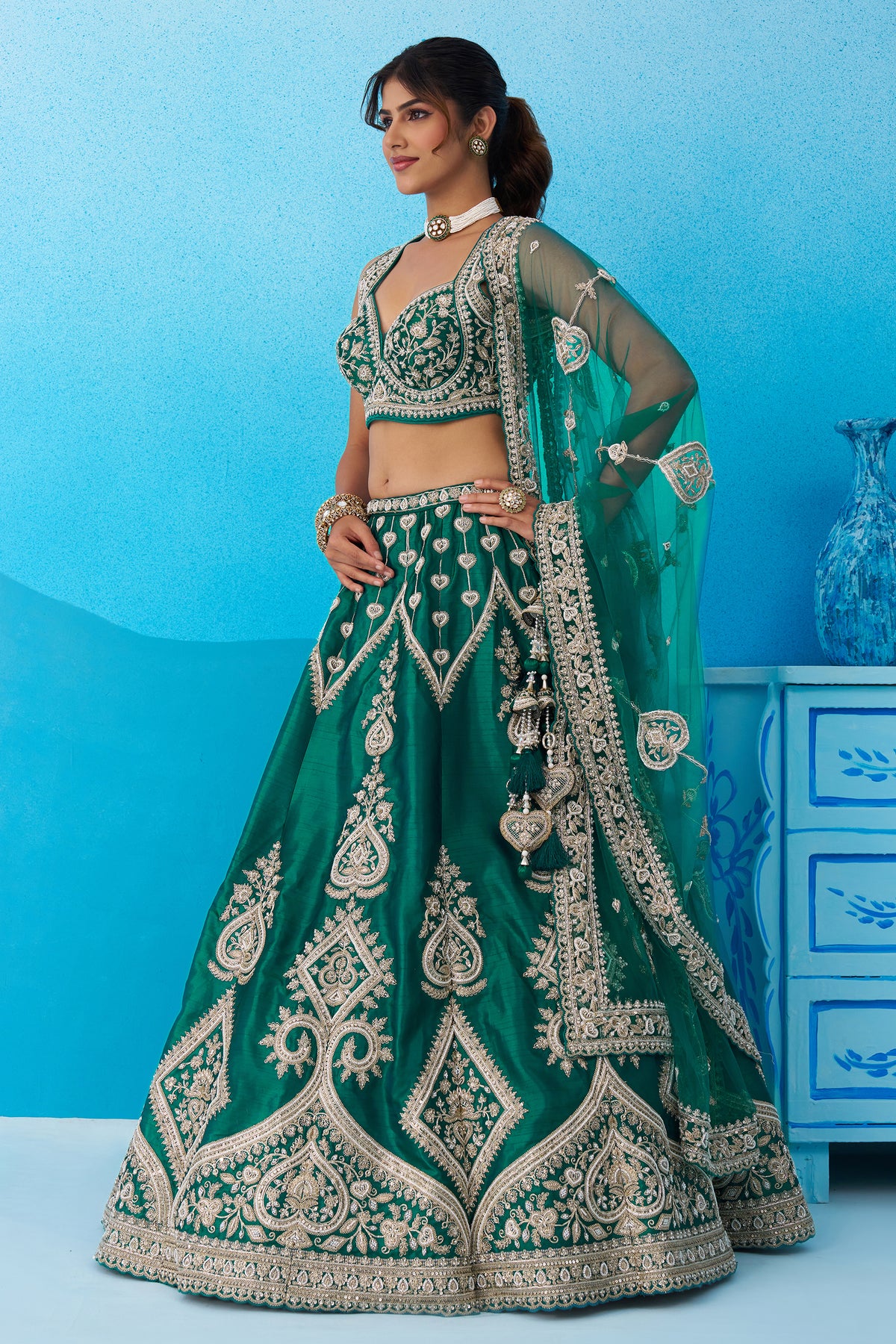 Bottle Green Readymade Embroidered Silk Lehenga-SAR12880_4_SareeButa.com