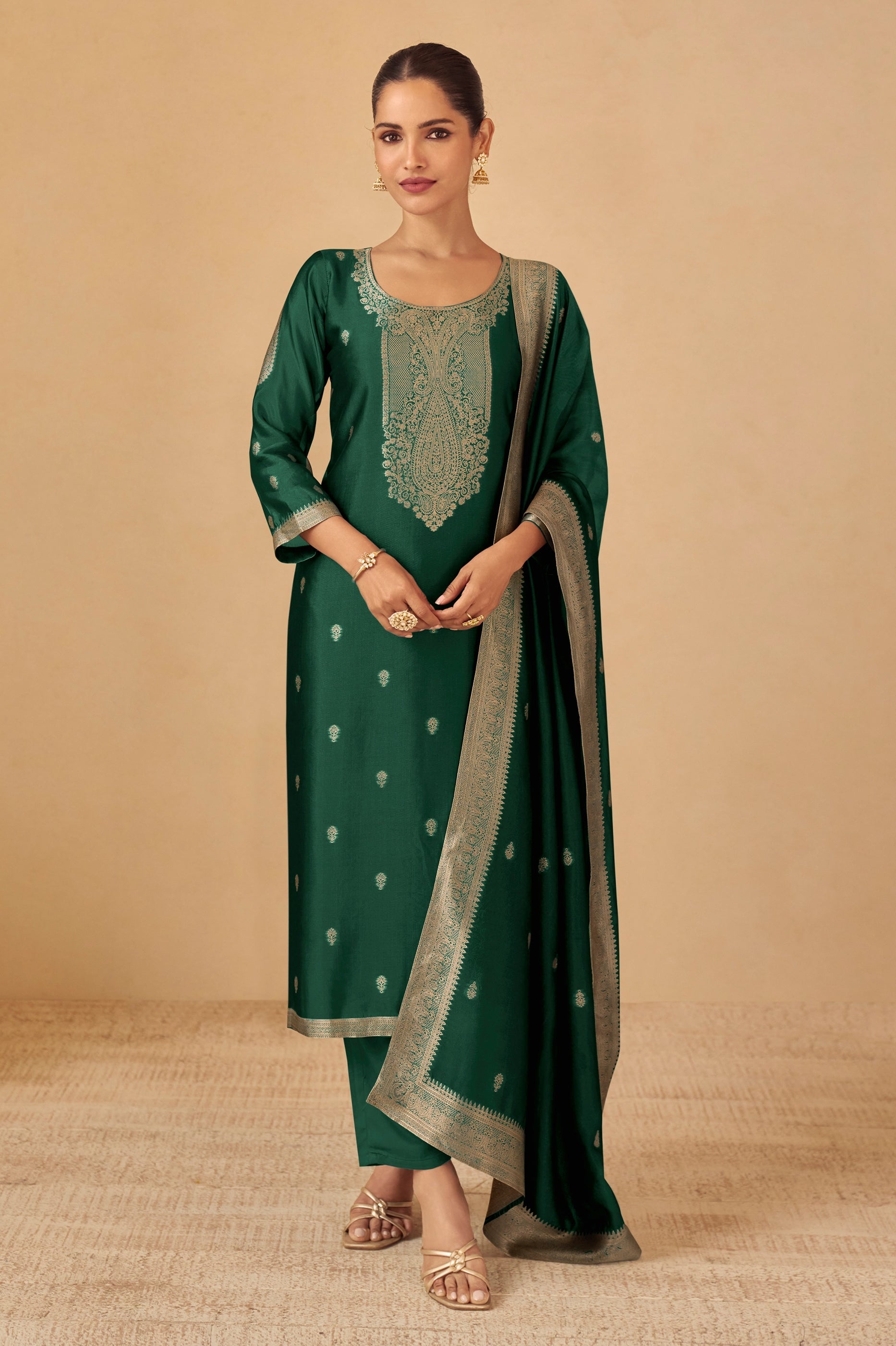 Bottle Green Readymade Viscose Silk Suit-SAR11078_1_SareeButa.com