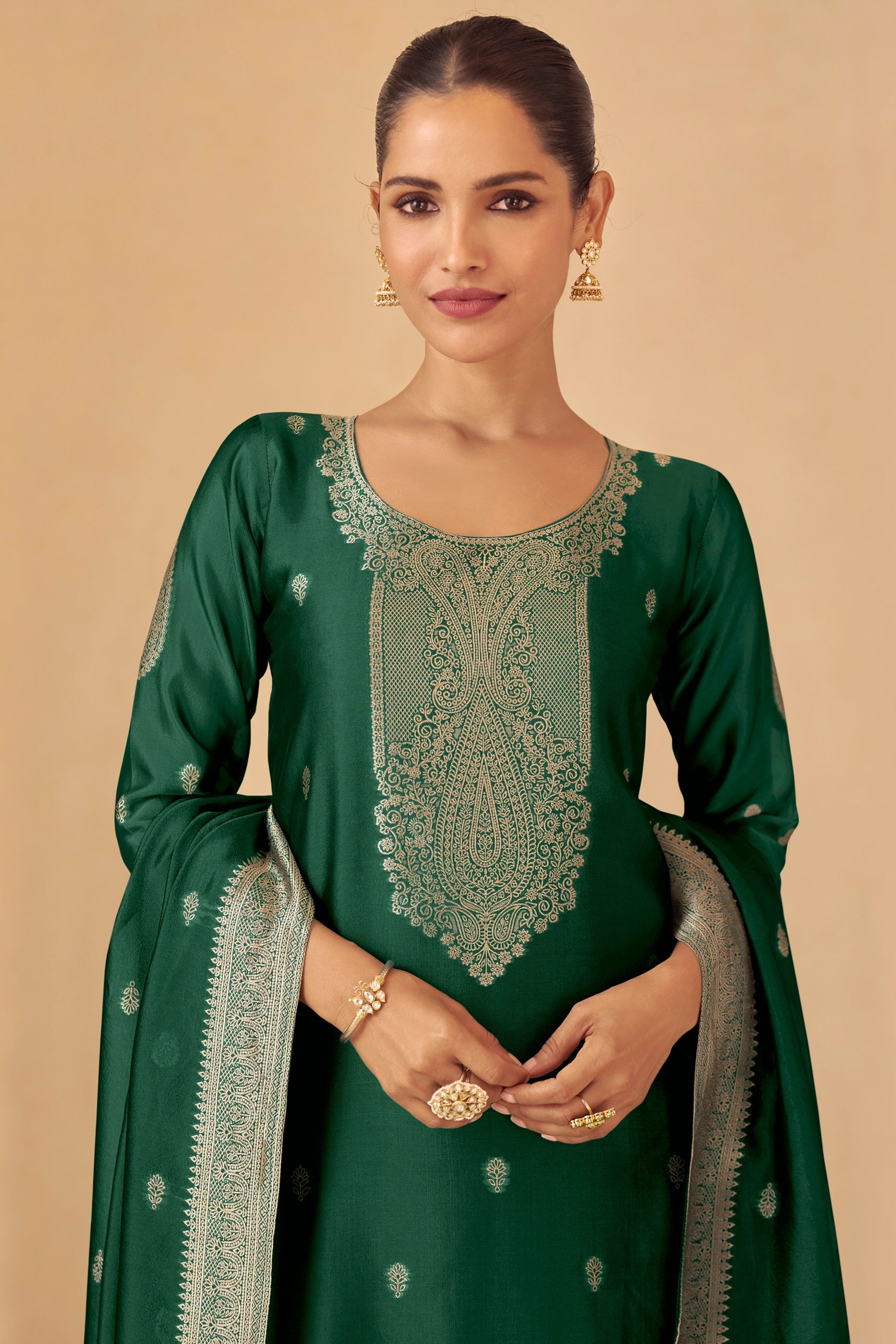 Bottle Green Readymade Viscose Silk Suit-SAR11078_2_SareeButa.com