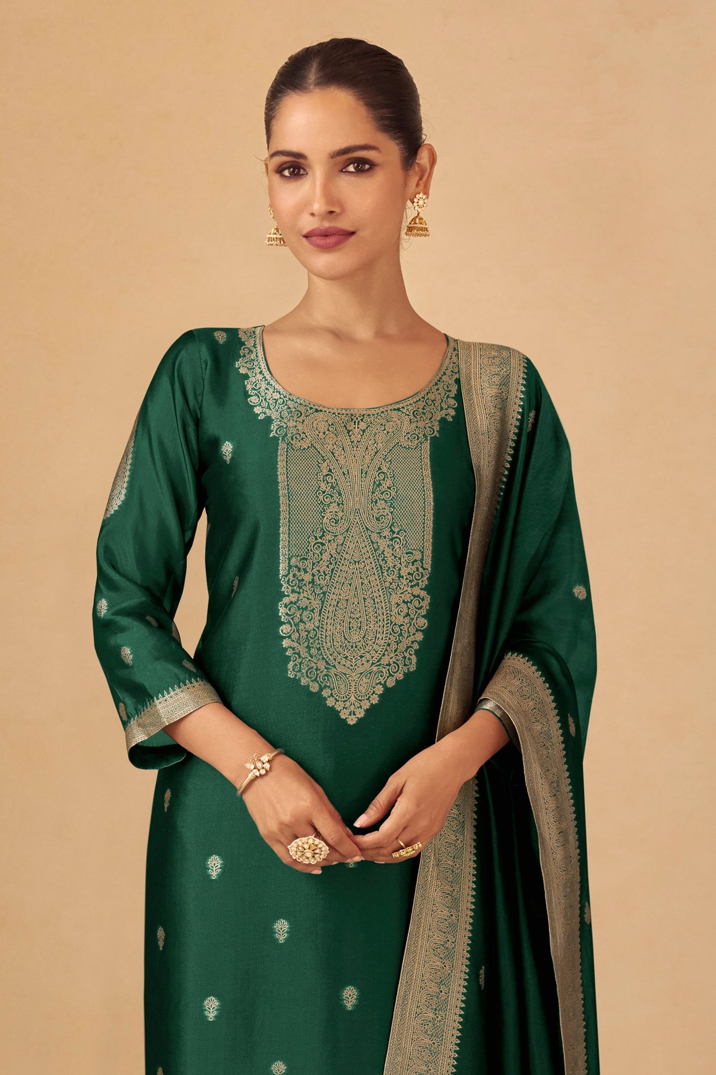 Bottle Green Readymade Viscose Silk Suit-SAR11078_3_SareeButa.com