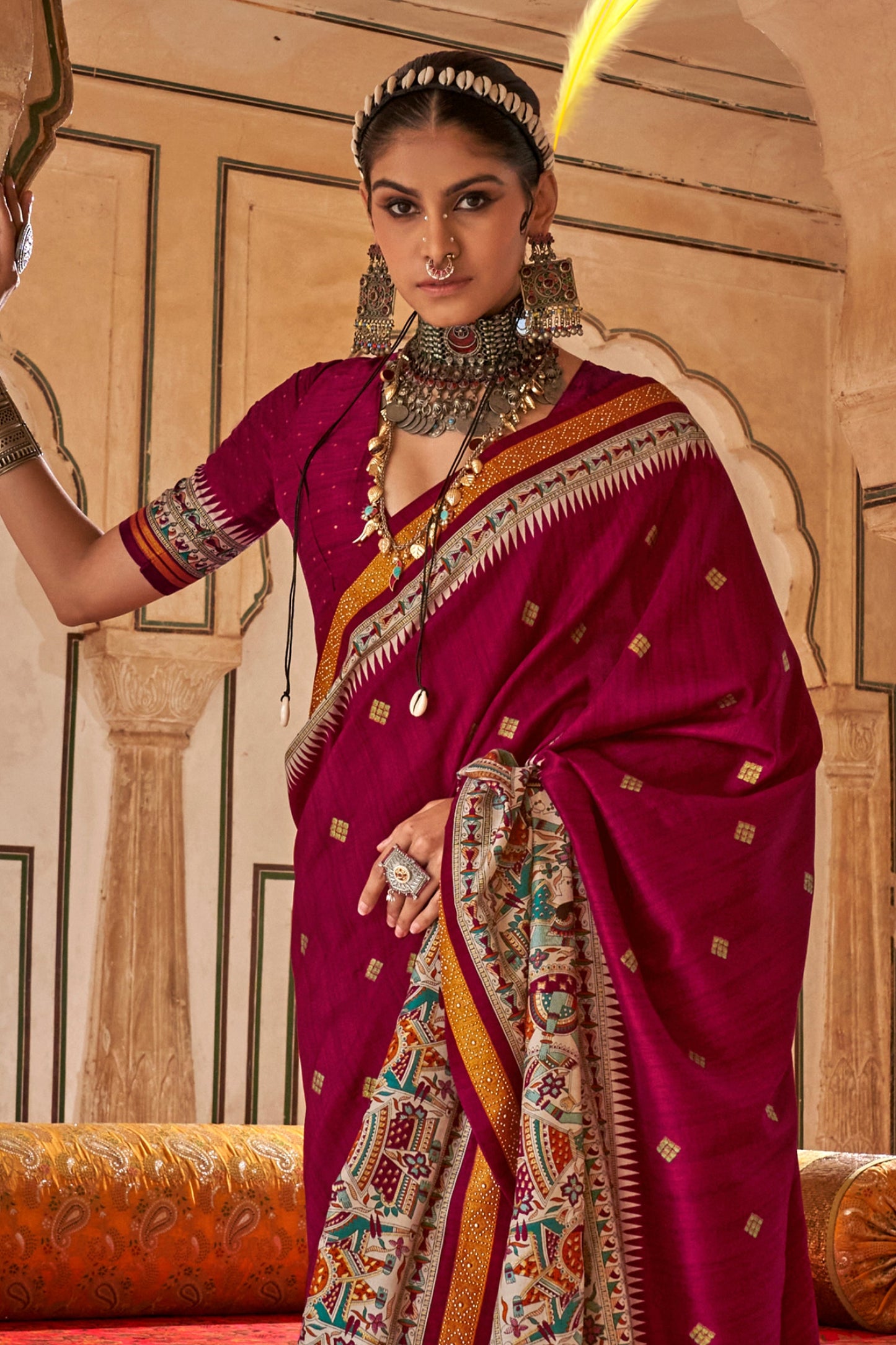 Brick Red Printed Viscose Silk Saree-SAR10081_3_SareeButa.com