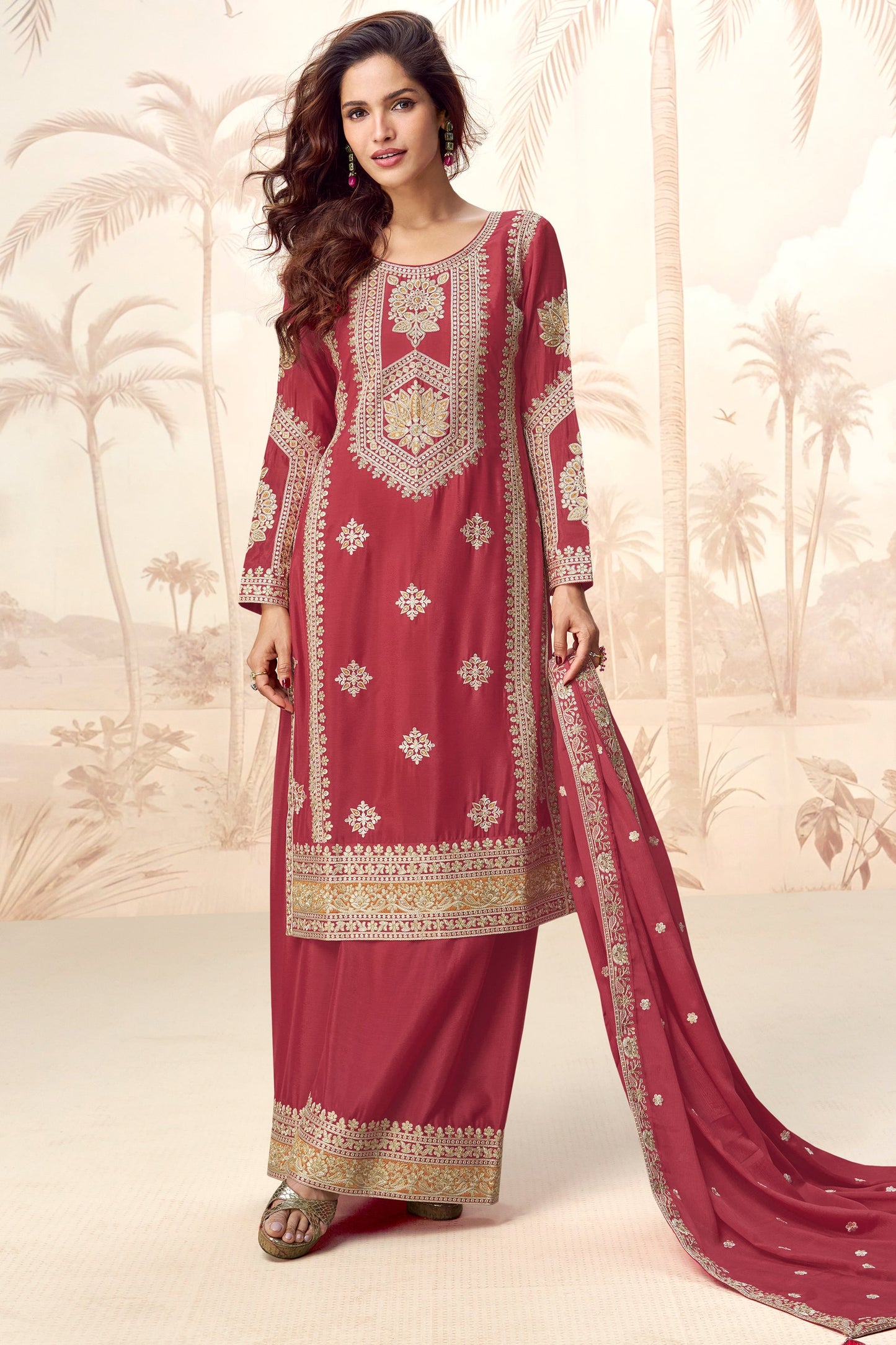 Brick Red Readymade Embroidered Chinon Silk Palazzo Suit-SS743_1_SareeButa.com