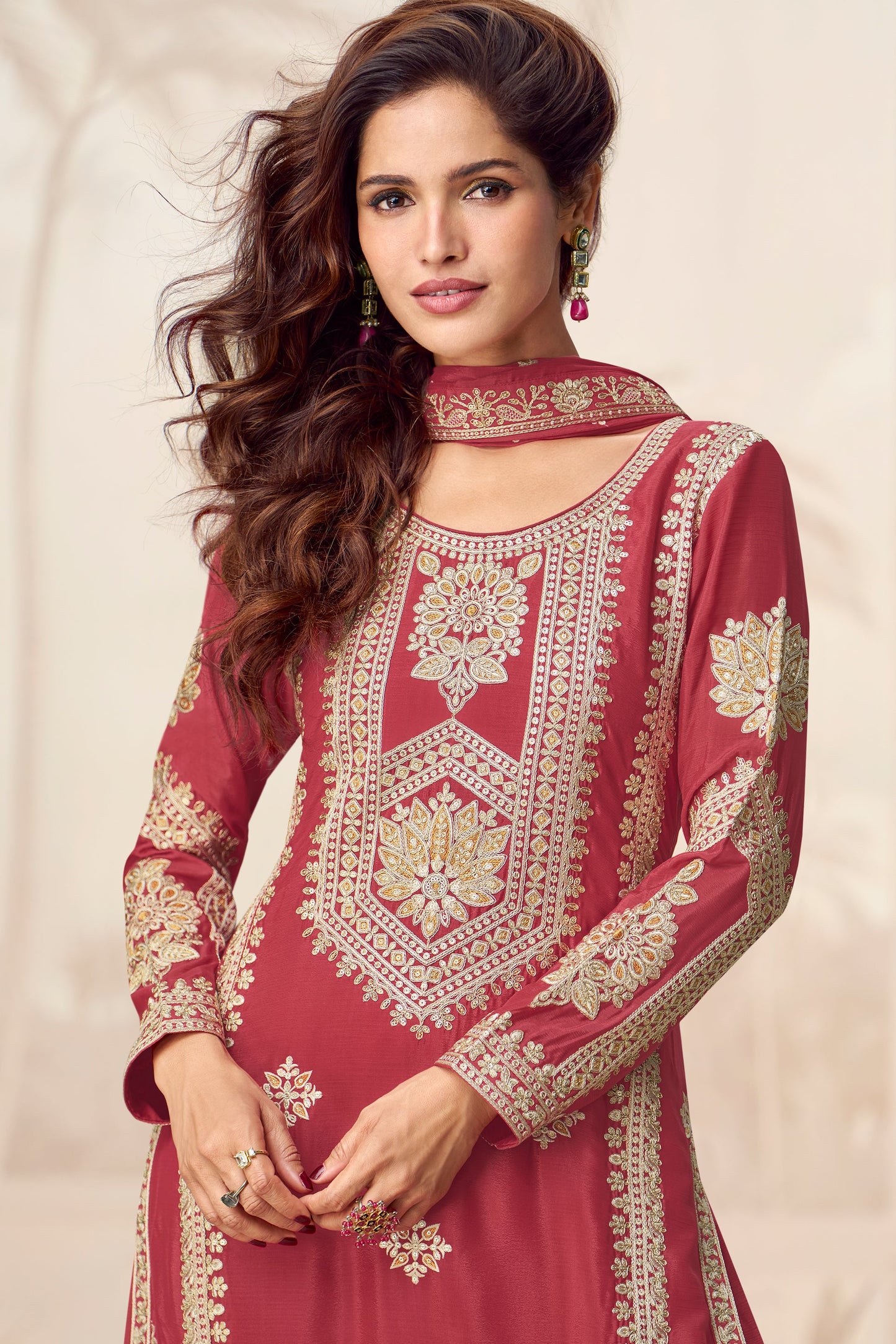 Brick Red Readymade Embroidered Chinon Silk Palazzo Suit-SS743_2_SareeButa.com