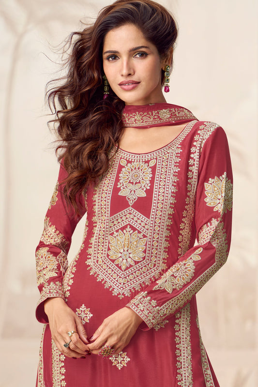 Brick Red Readymade Embroidered Chinon Silk Palazzo Suit-SS743_2_SareeButa.com