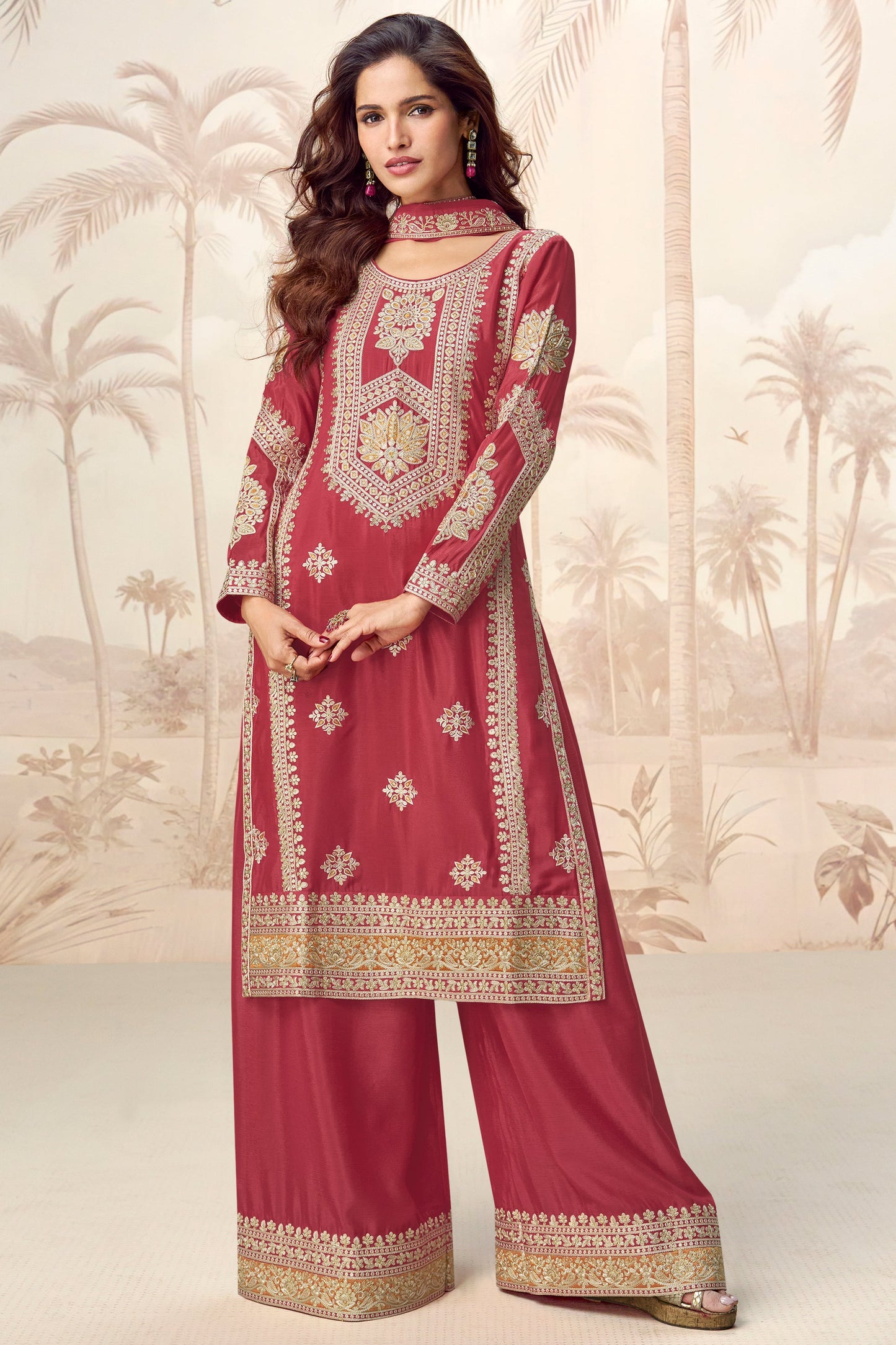 Brick Red Readymade Embroidered Chinon Silk Palazzo Suit-SS743_3_SareeButa.com