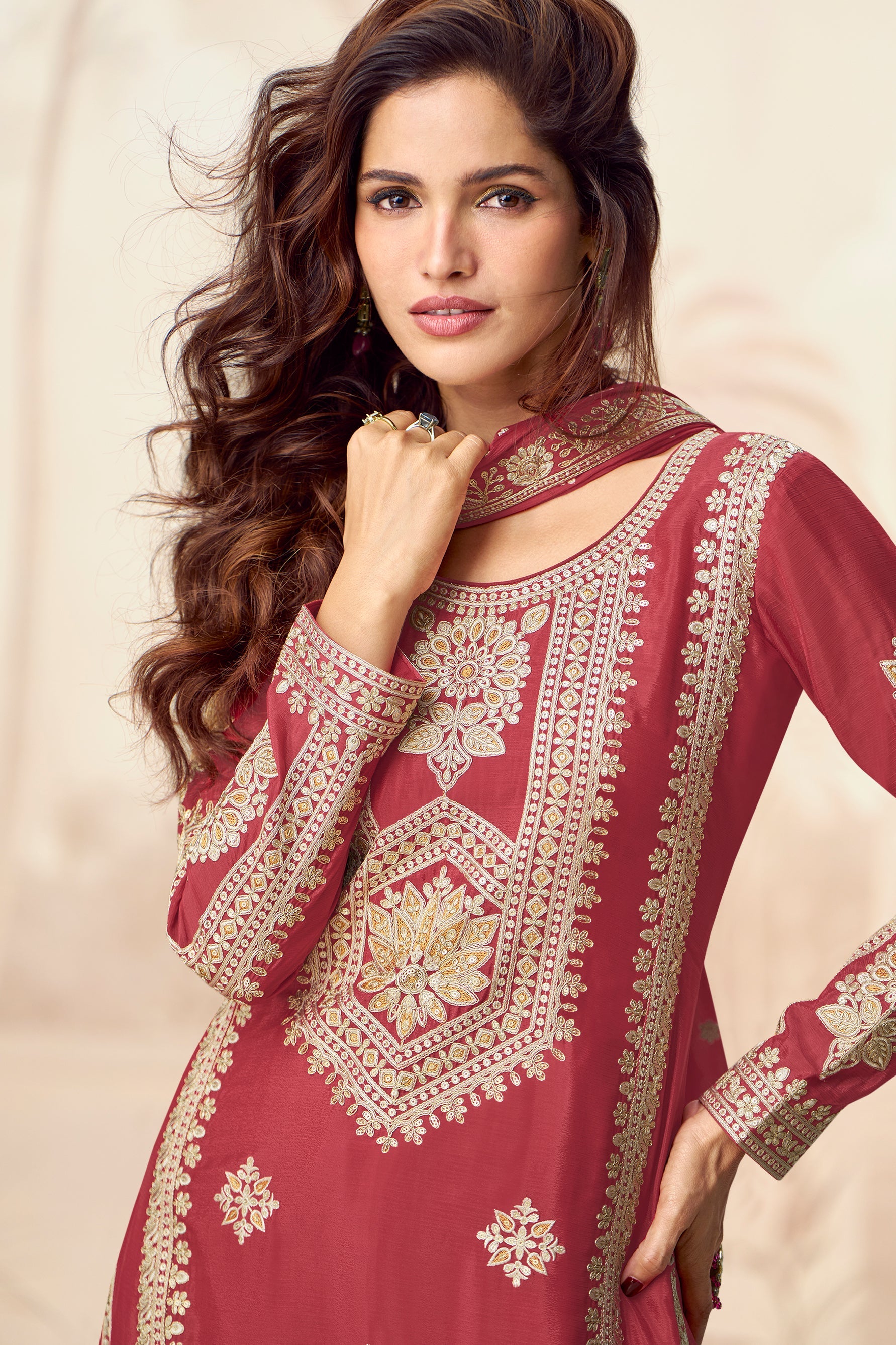 Brick Red Readymade Embroidered Chinon Silk Palazzo Suit-SS743_4_SareeButa.com
