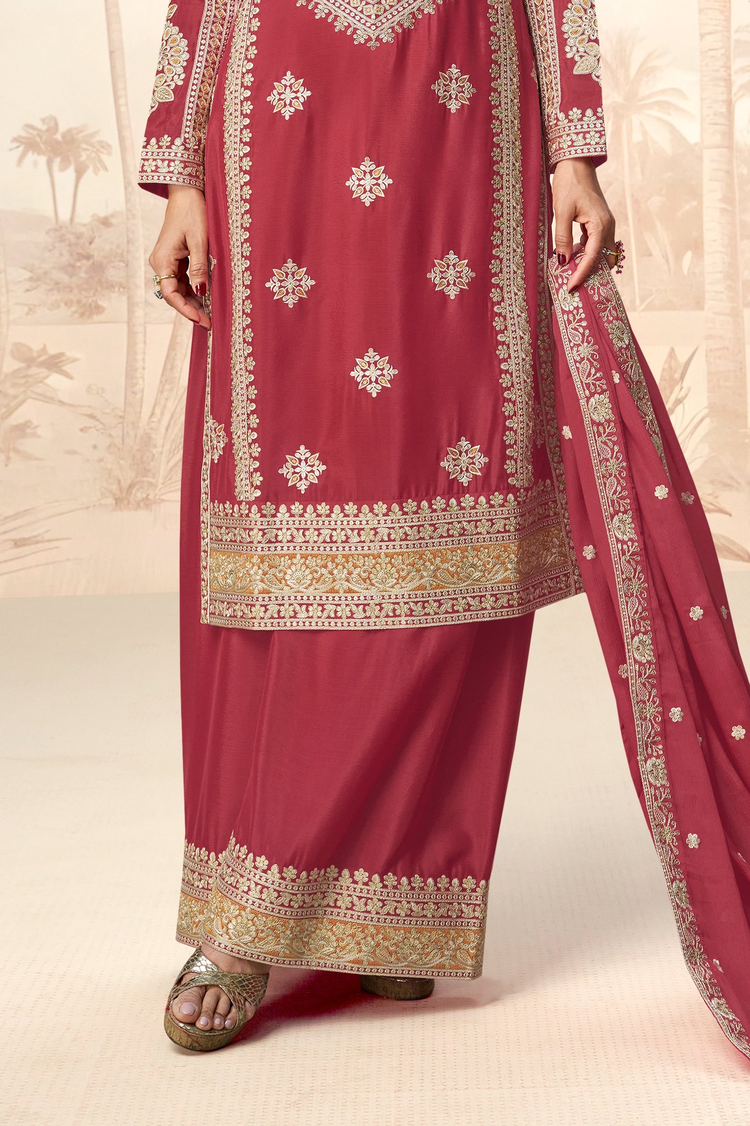 Brick Red Readymade Embroidered Chinon Silk Palazzo Suit-SS743_5_SareeButa.com