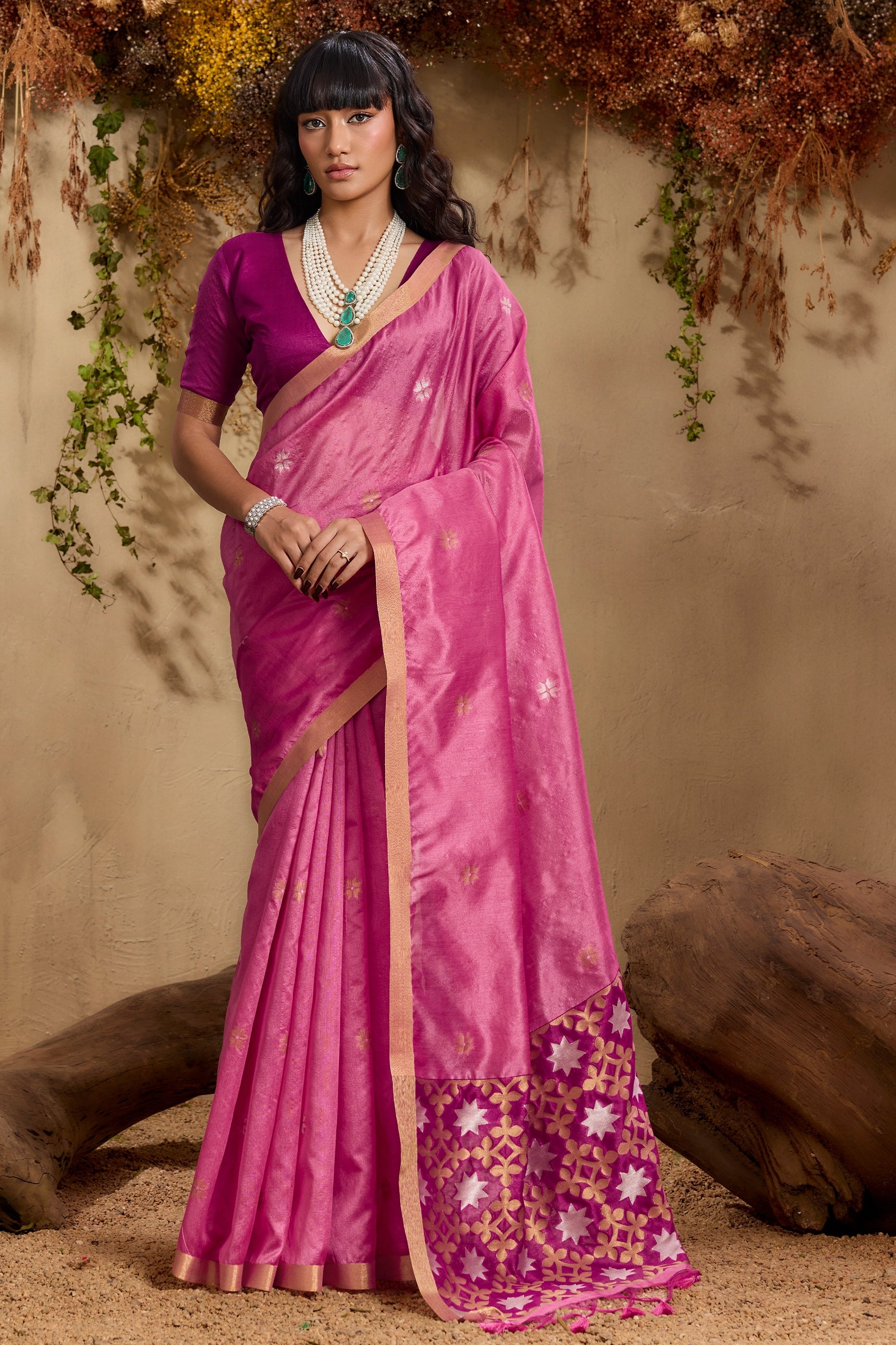 Bright Pink Woven Tussar Silk Saree-SAR11236_1_SareeButa.com