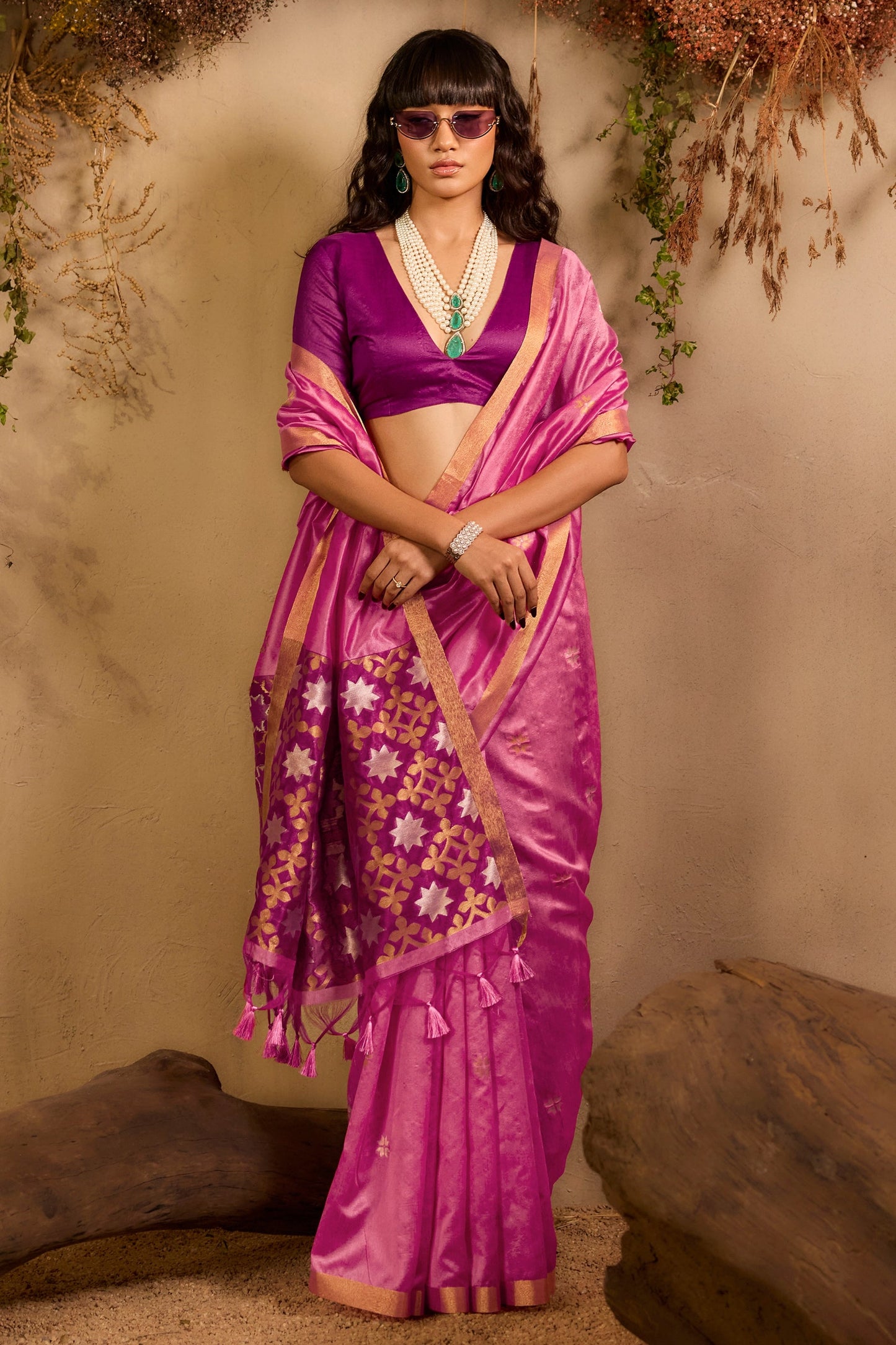 Bright Pink Woven Tussar Silk Saree-SAR11236_2_SareeButa.com