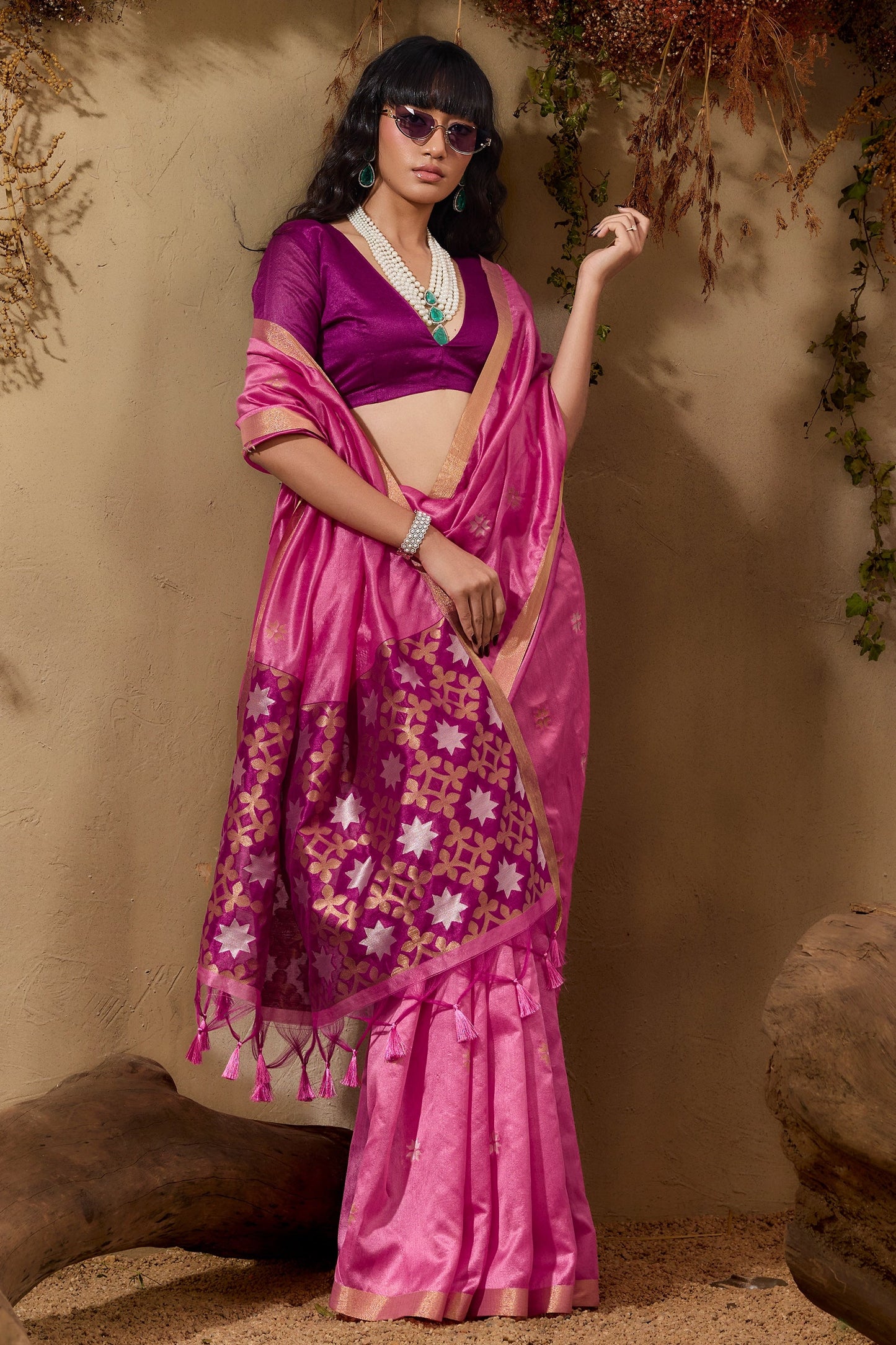 Bright Pink Woven Tussar Silk Saree-SAR11236_4_SareeButa.com