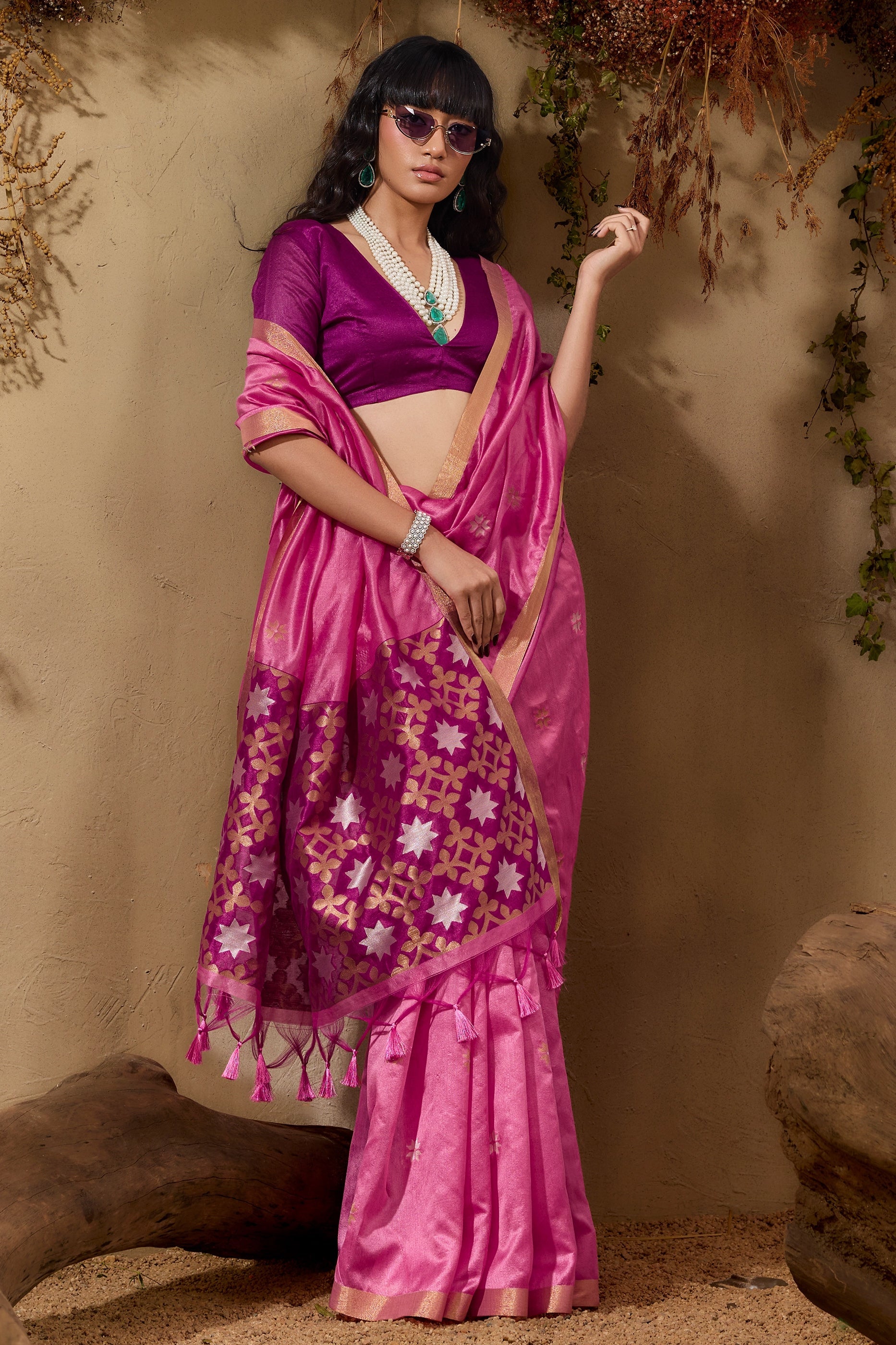 Bright Pink Woven Tussar Silk Saree-SAR11236_4_SareeButa.com
