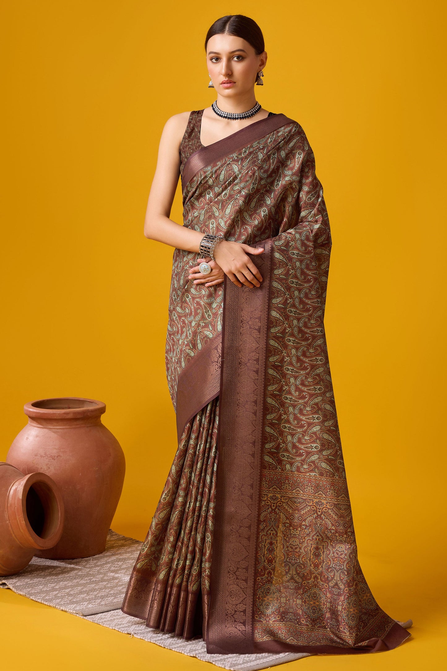 Brown Printed Cotton Silk Saree-ZB131911_1