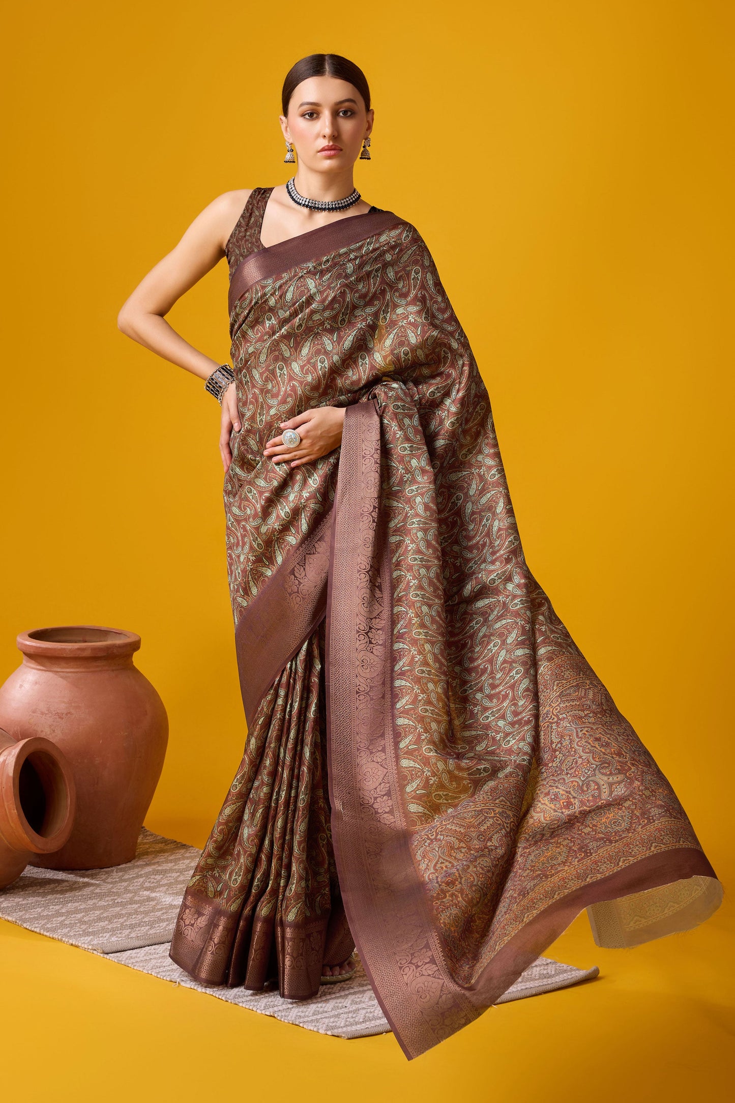 Brown Printed Cotton Silk Saree-ZB131911_3