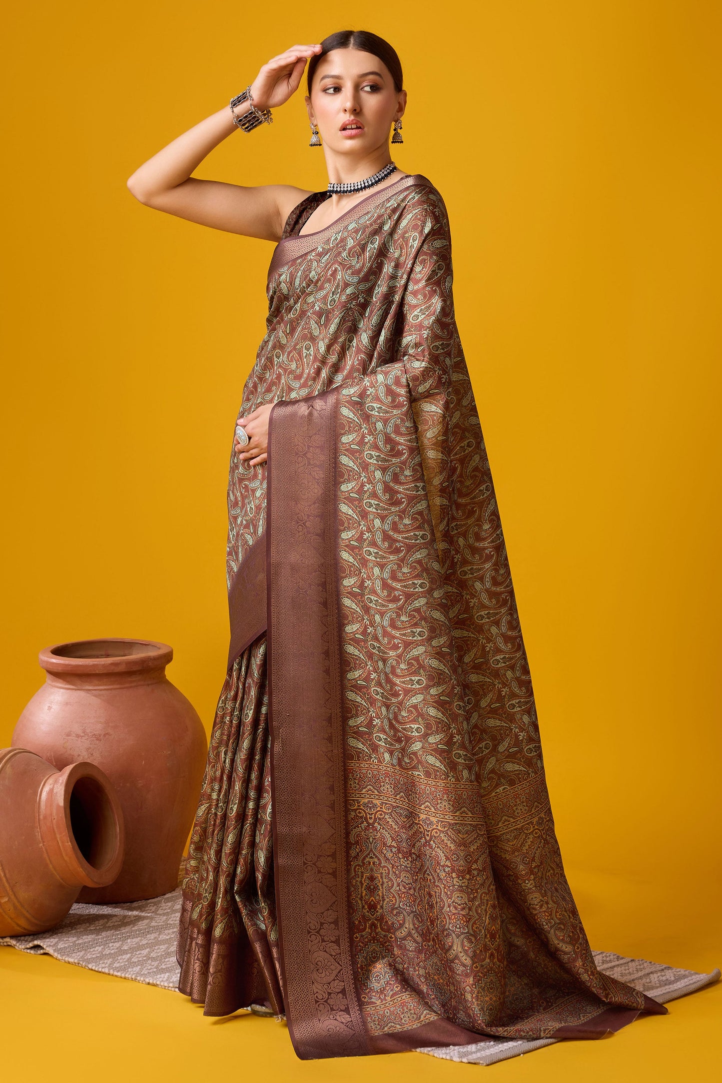 Brown Printed Cotton Silk Saree-ZB131911_4