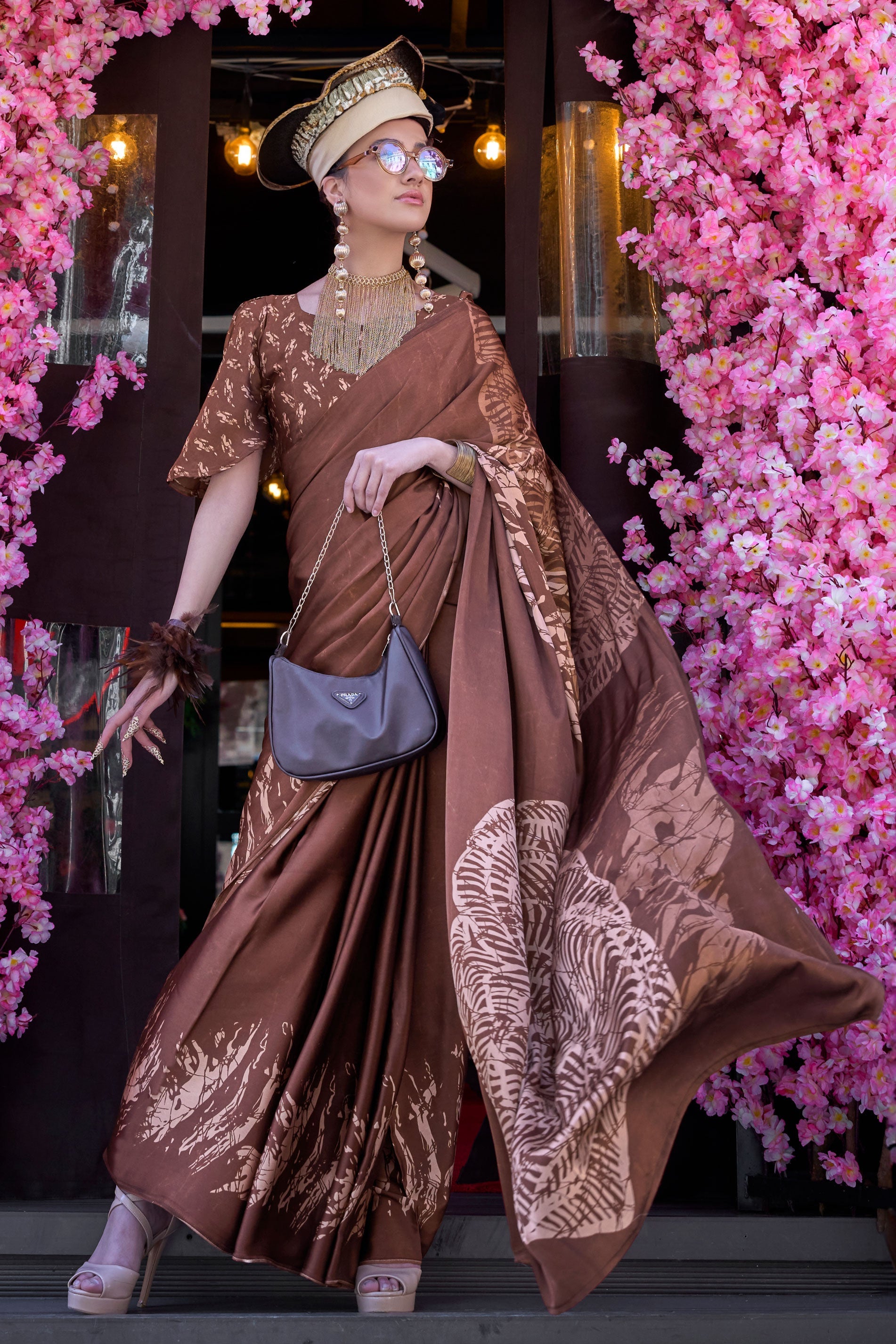 Brown Printed Crepe Saree-ZB132987_1