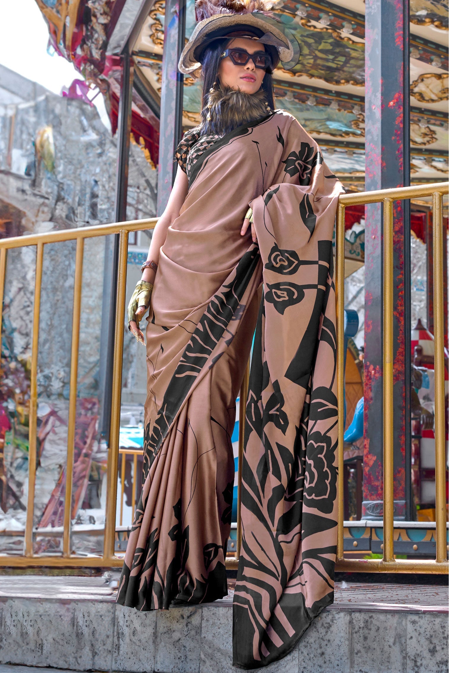 Brown Printed Crepe Saree-ZB132991_1