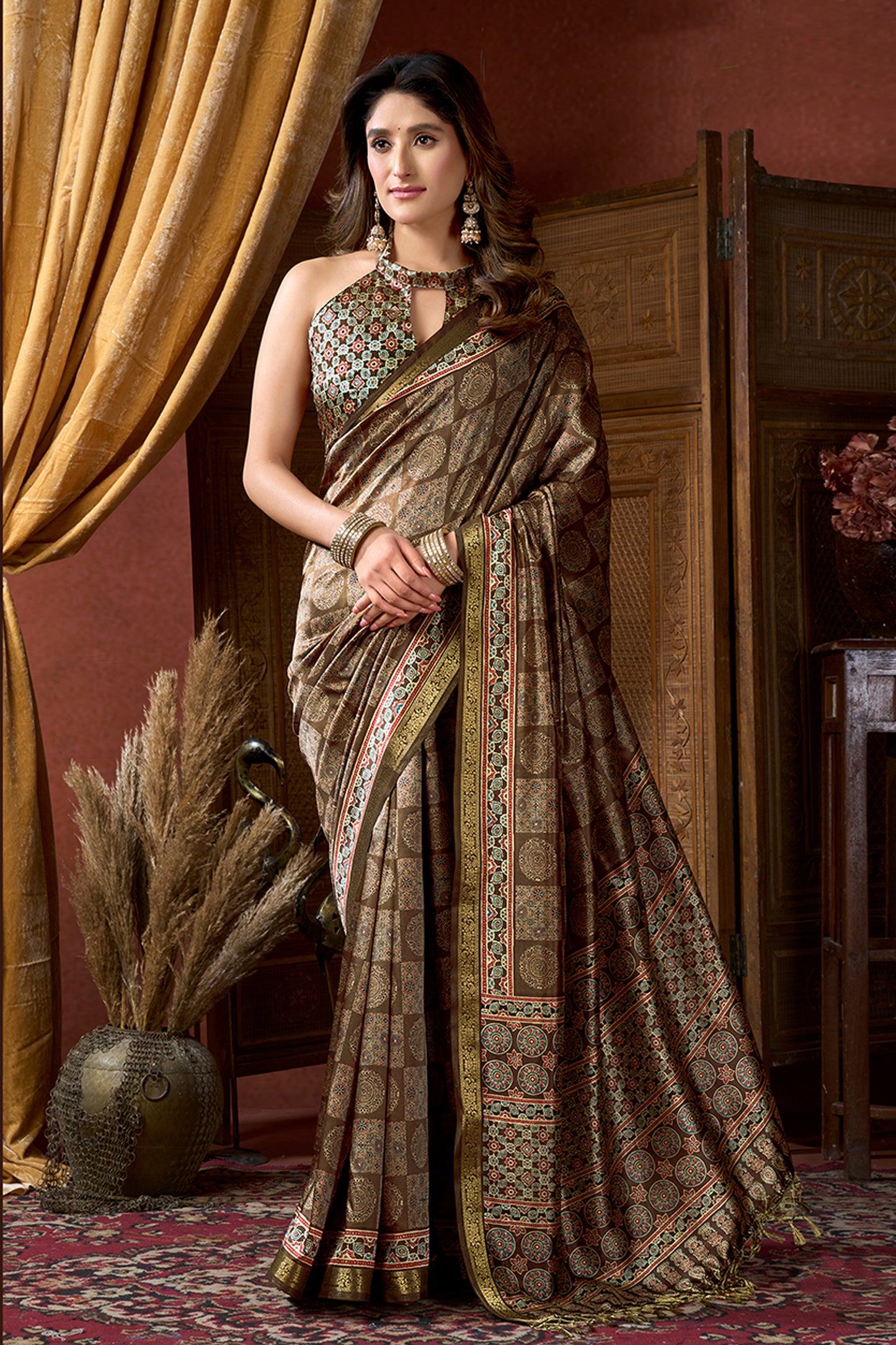 Brown Ajarakh Print Silk Saree-SAR12673_1_SareeButa.com